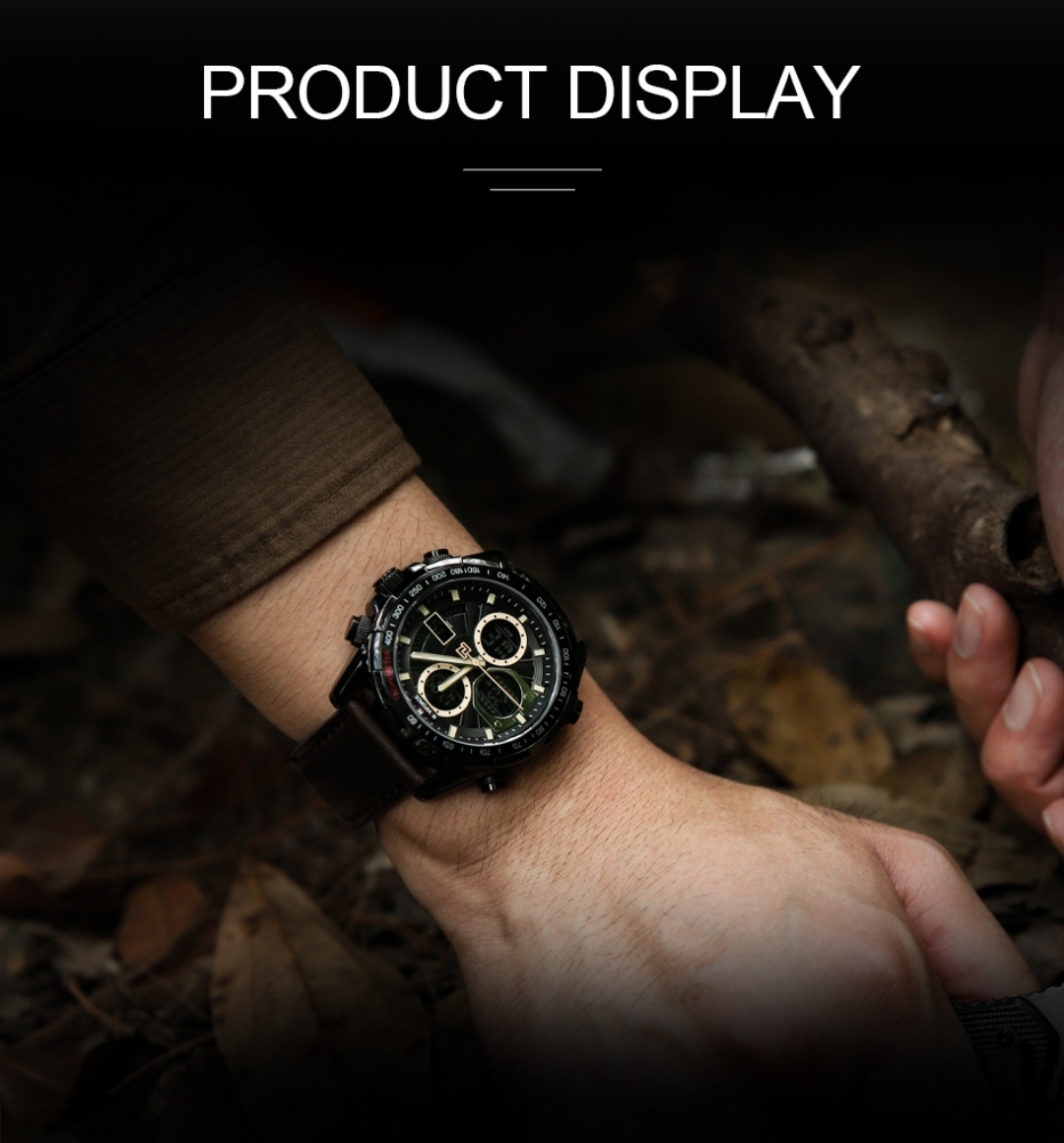 Naviforce 9197 Two Time Gents Belt Watch- Black Dial with Yellow Markings- Black Bezel- Chocolate Belt- TF Code NF817BM_img_11