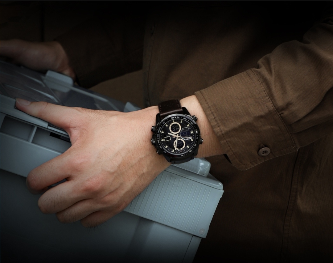 Naviforce 9197 Two Time Gents Belt Watch- Black Dial with Yellow Markings- Black Bezel- Chocolate Belt- TF Code NF817BM_img_12