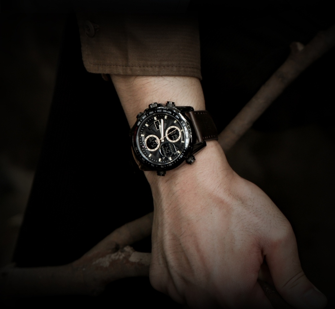 Naviforce 9197 Two Time Gents Belt Watch- Black Dial with Yellow Markings- Black Bezel- Chocolate Belt- TF Code NF817BM_img_13