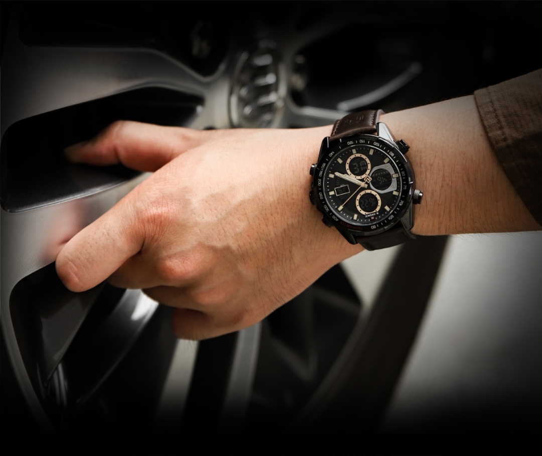 Naviforce 9197 Two Time Gents Belt Watch- Black Dial with Yellow Markings- Black Bezel- Chocolate Belt- TF Code NF817BM_img_14