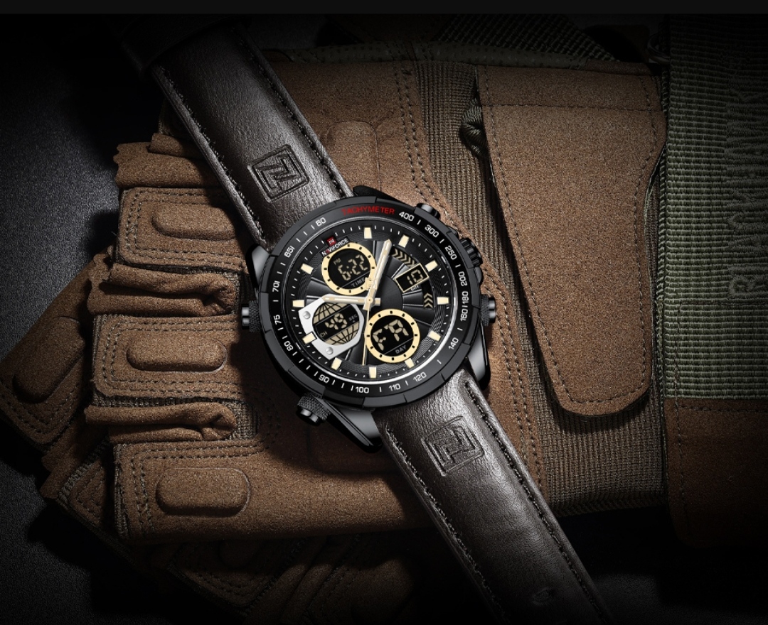 Naviforce 9197 Two Time Gents Belt Watch- Black Dial with Yellow Markings- Black Bezel- Chocolate Belt- TF Code NF817BM_img_15