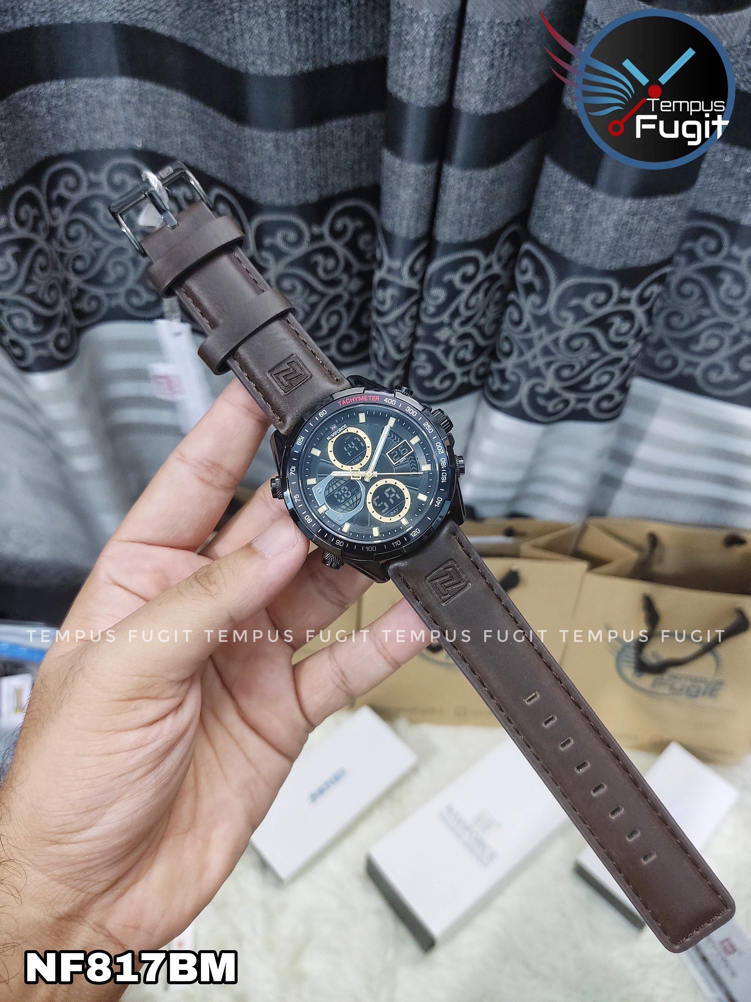 Naviforce 9197 Two Time Gents Belt Watch- Black Dial with Yellow Markings- Black Bezel- Chocolate Belt- TF Code NF817BM_img_16