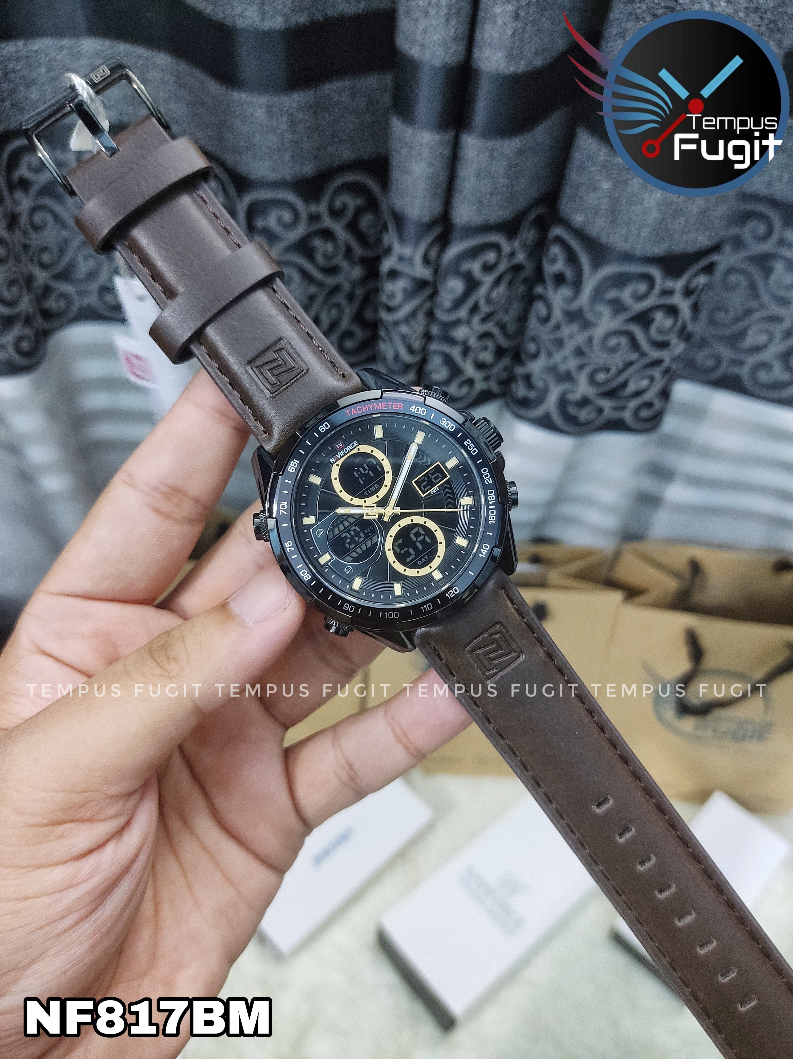 Naviforce 9197 Two Time Gents Belt Watch- Black Dial with Yellow Markings- Black Bezel- Chocolate Belt- TF Code NF817BM_img_17