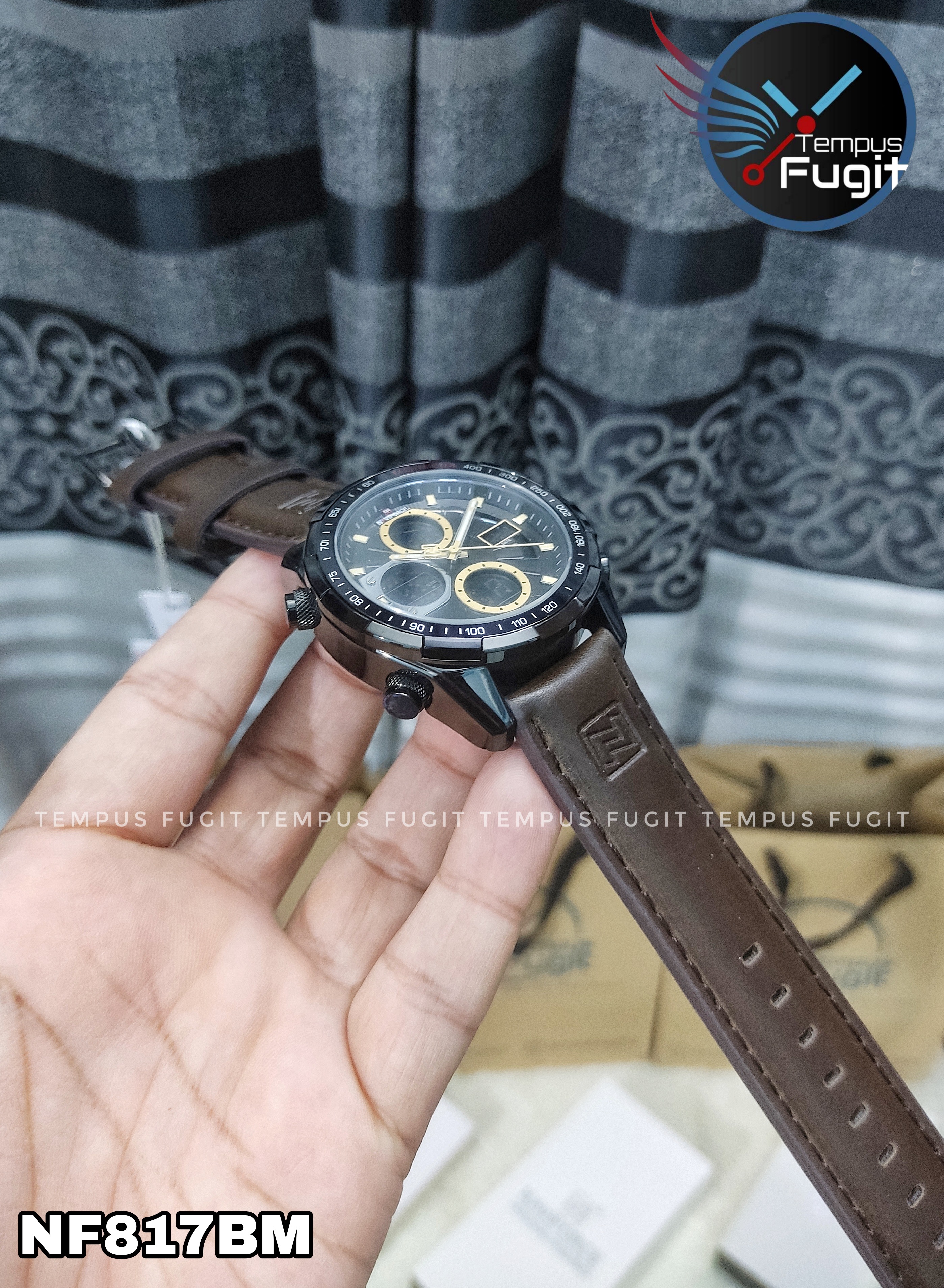 Naviforce 9197 Two Time Gents Belt Watch- Black Dial with Yellow Markings- Black Bezel- Chocolate Belt- TF Code NF817BM_img_18