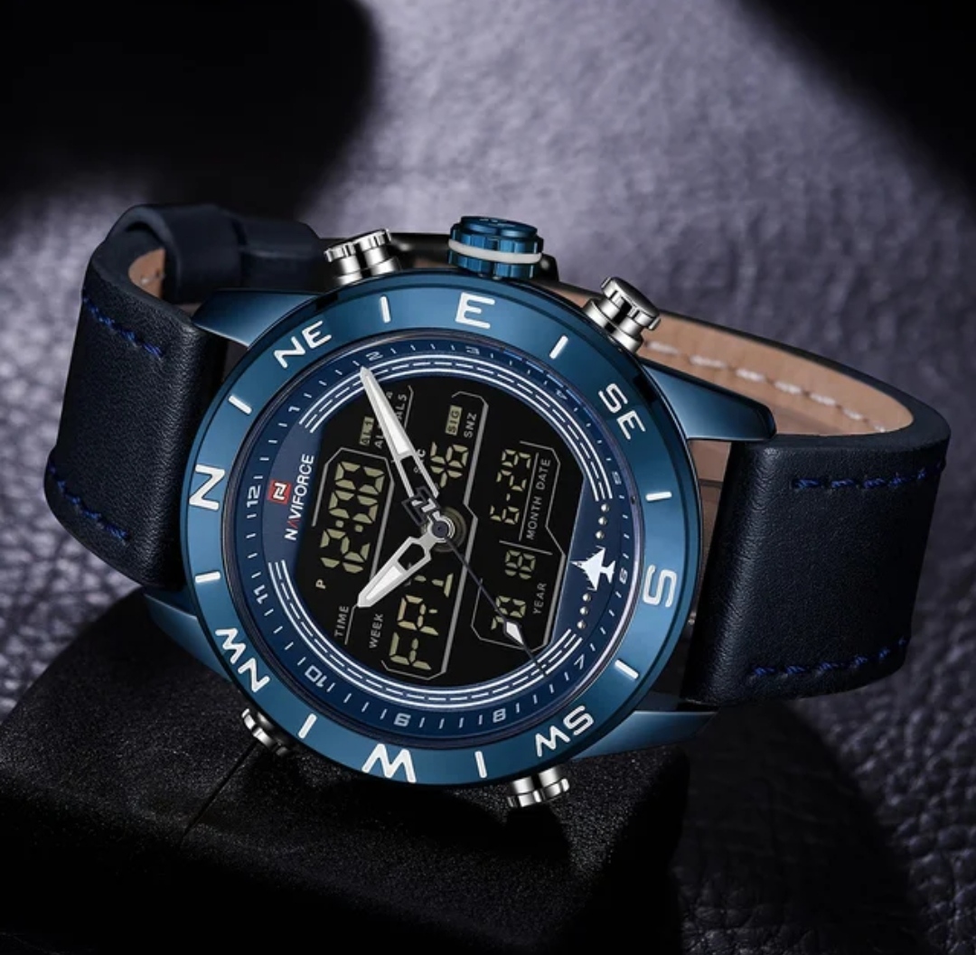 Naviforce 9144 Two Time Gents Belt Watch- Blue Dial - Blue Bezel- Blue Belt- TF Code NF740BM_img_1