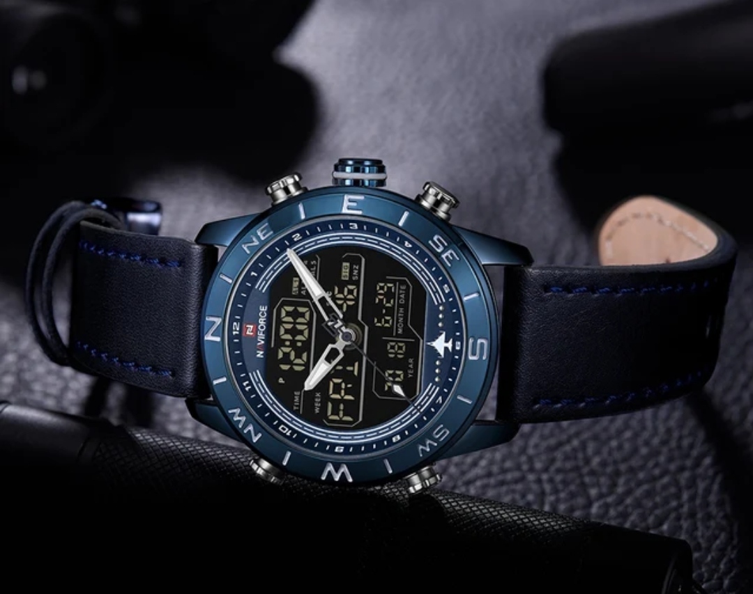 Naviforce 9144 Two Time Gents Belt Watch- Blue Dial - Blue Bezel- Blue Belt- TF Code NF740BM_img_4