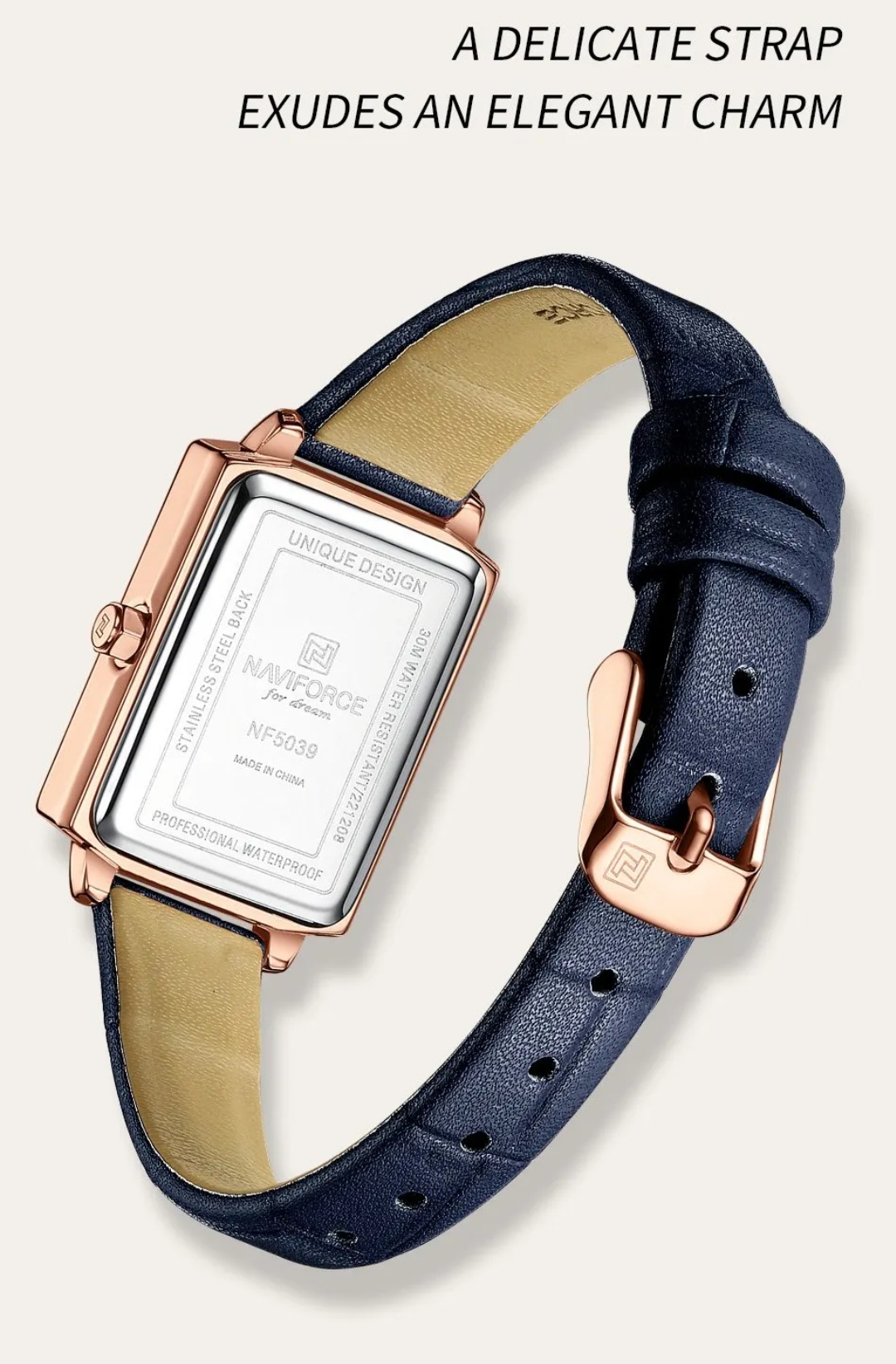 Naviforce 5039 Ladies Belt Watch- White Dial- Rose Golden Bezel- Blue Belt- TF Code NF832BF_img_9