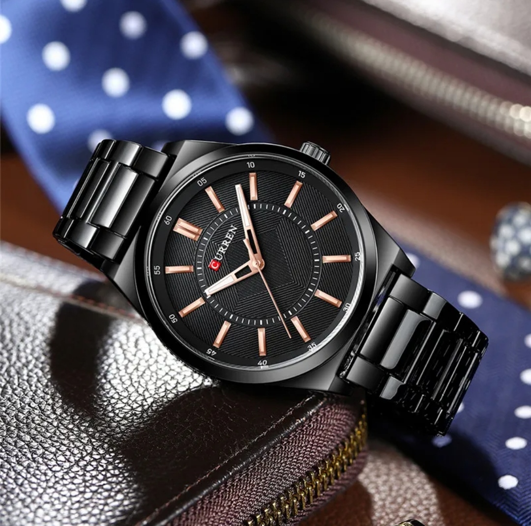 Curren 8407 Gents Chain Watch- Black Dial with Rose Golden Markings- Black Bezel- Black Chain- TF Code CR841CM_img_1