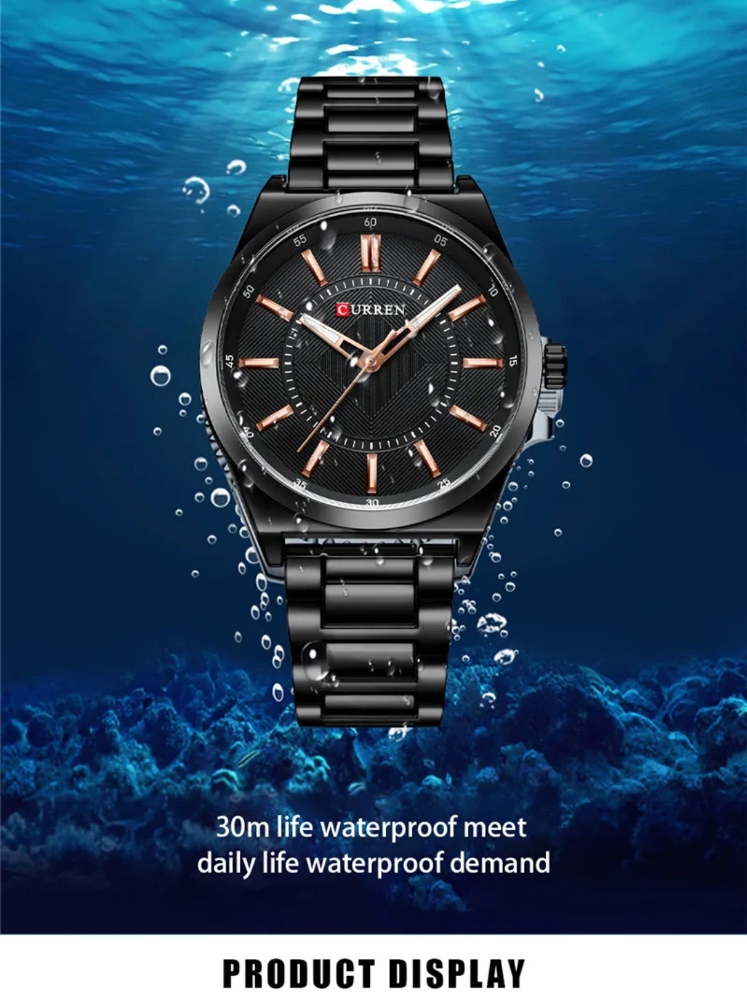 Curren 8407 Gents Chain Watch- Black Dial with Rose Golden Markings- Black Bezel- Black Chain- TF Code CR841CM_img_3