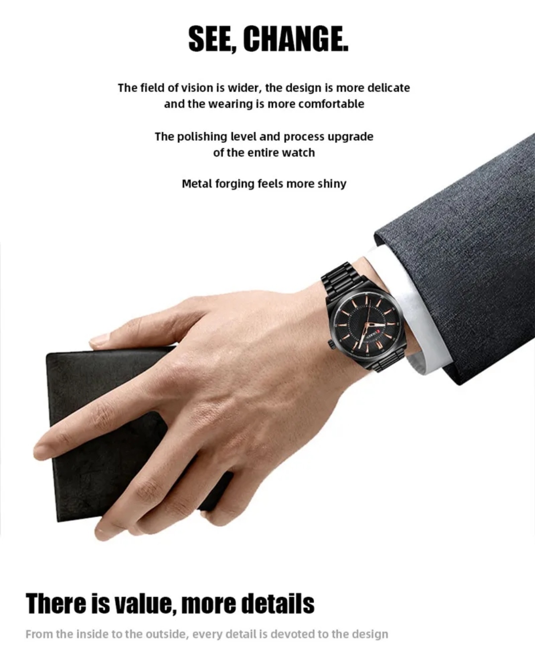 Curren 8407 Gents Chain Watch- Black Dial with Rose Golden Markings- Black Bezel- Black Chain- TF Code CR841CM_img_9