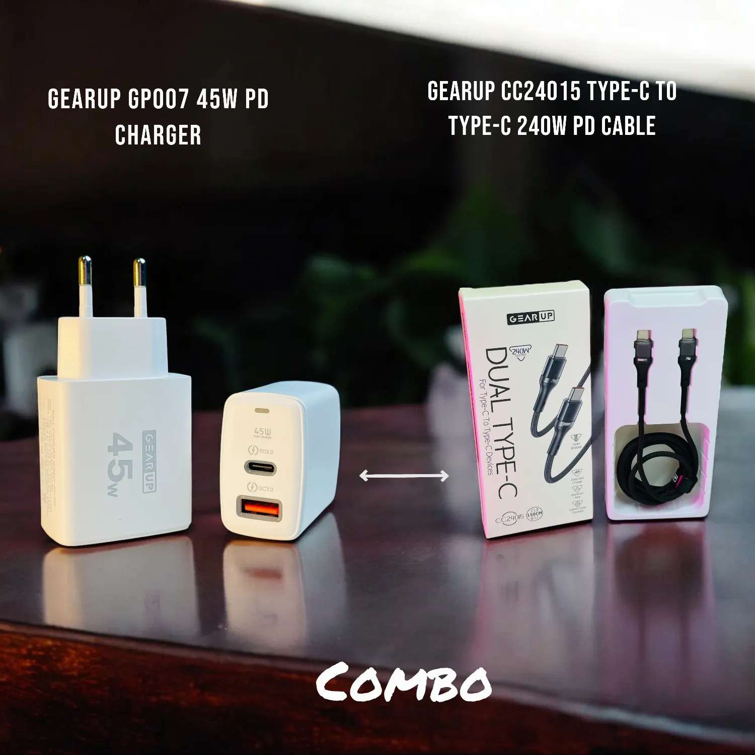 GearUP GP007 45W Fast PD Charger & GearUP CC24015 Type-C to Type-C 240W PD cable Combo