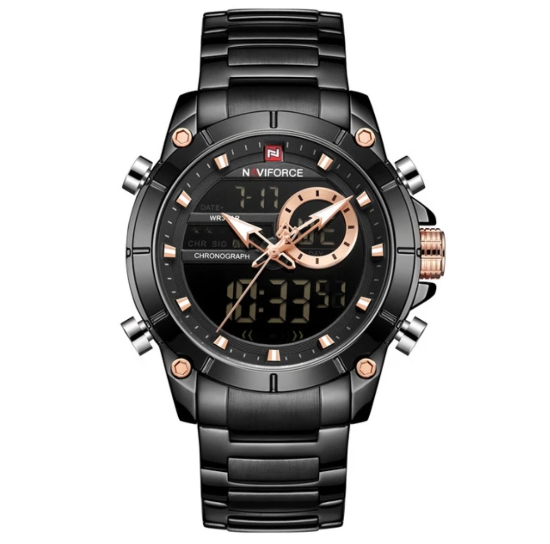 Naviforce 9163 Two Time Gents Chain Watch- Black Dial - Black Bezel- Black Chain- TF Code NF531CM_img_0
