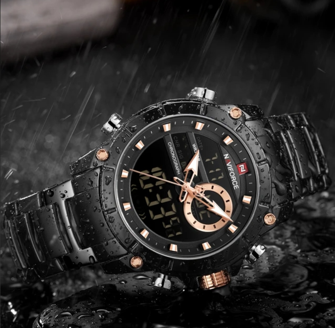 Naviforce 9163 Two Time Gents Chain Watch- Black Dial - Black Bezel- Black Chain- TF Code NF531CM_img_1