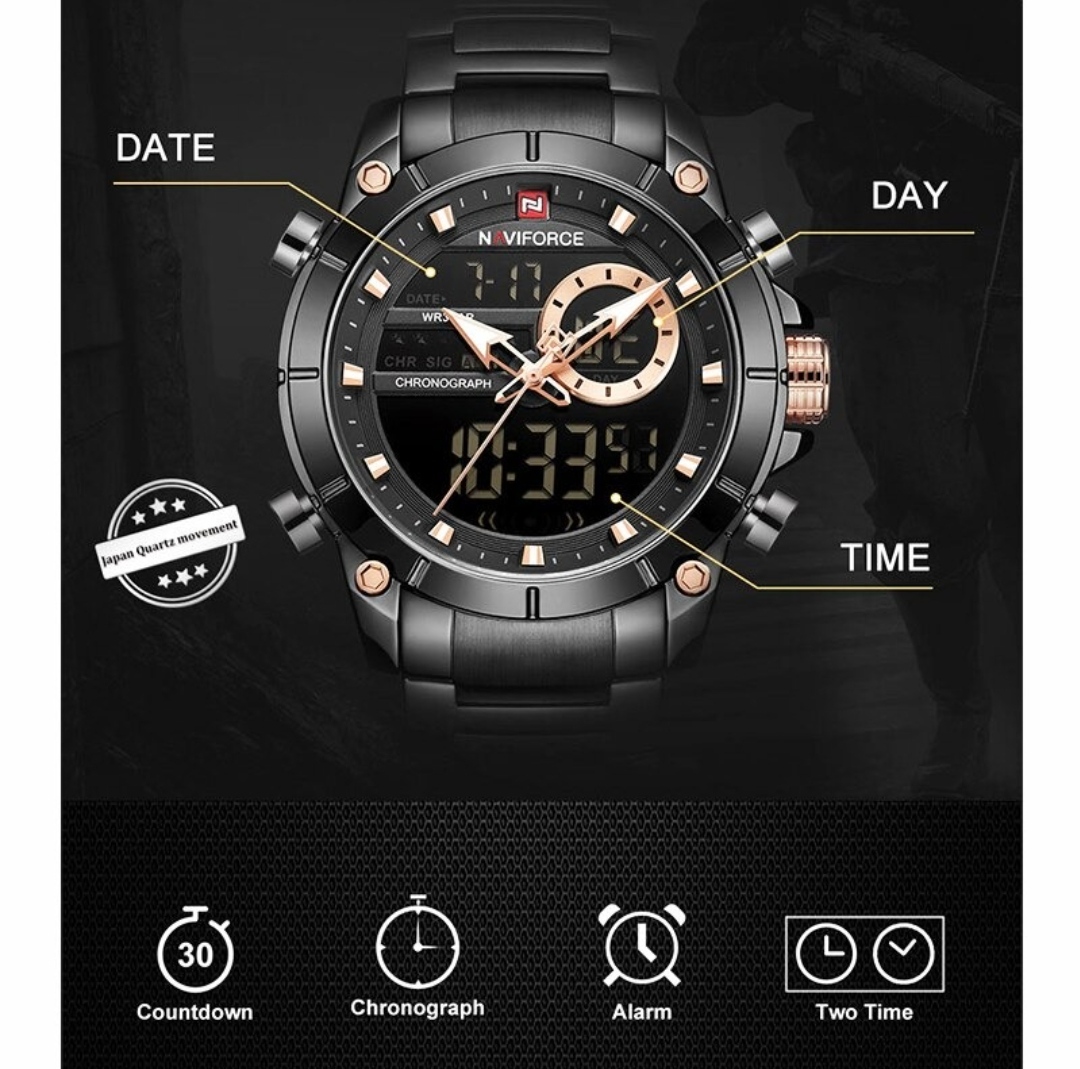 Naviforce 9163 Two Time Gents Chain Watch- Black Dial - Black Bezel- Black Chain- TF Code NF531CM_img_2