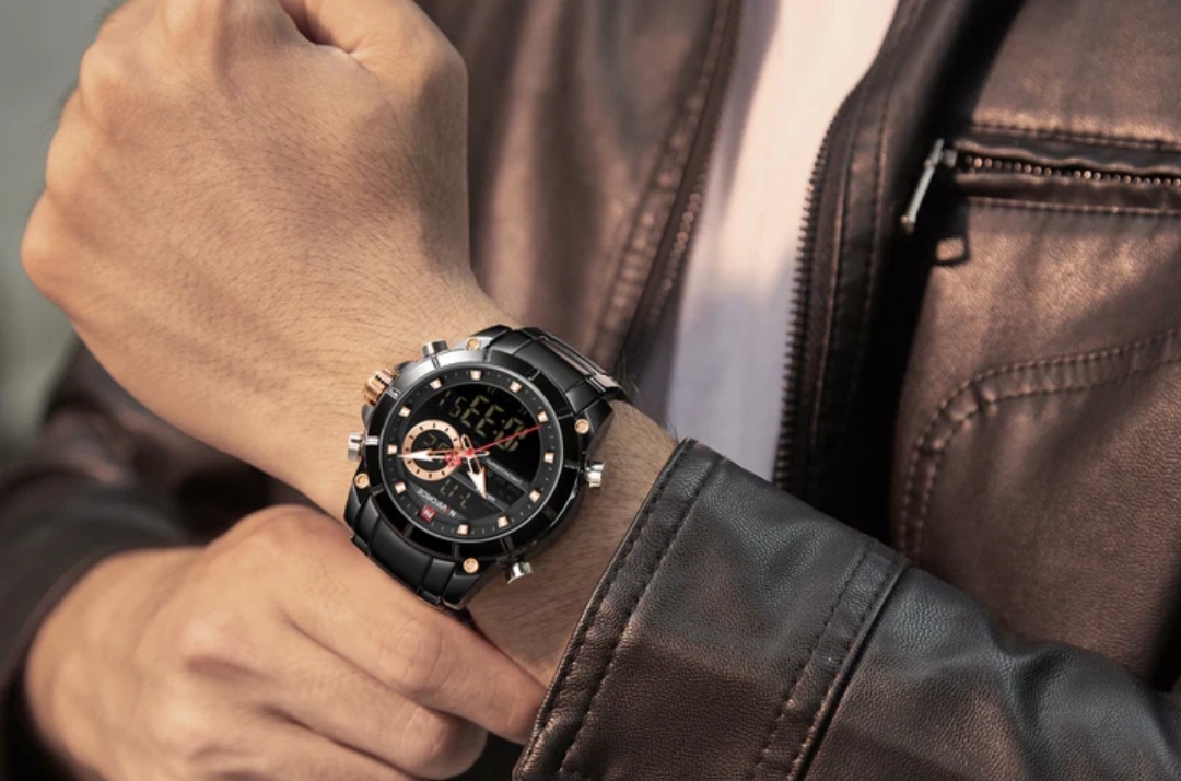 Naviforce 9163 Two Time Gents Chain Watch- Black Dial - Black Bezel- Black Chain- TF Code NF531CM_img_3