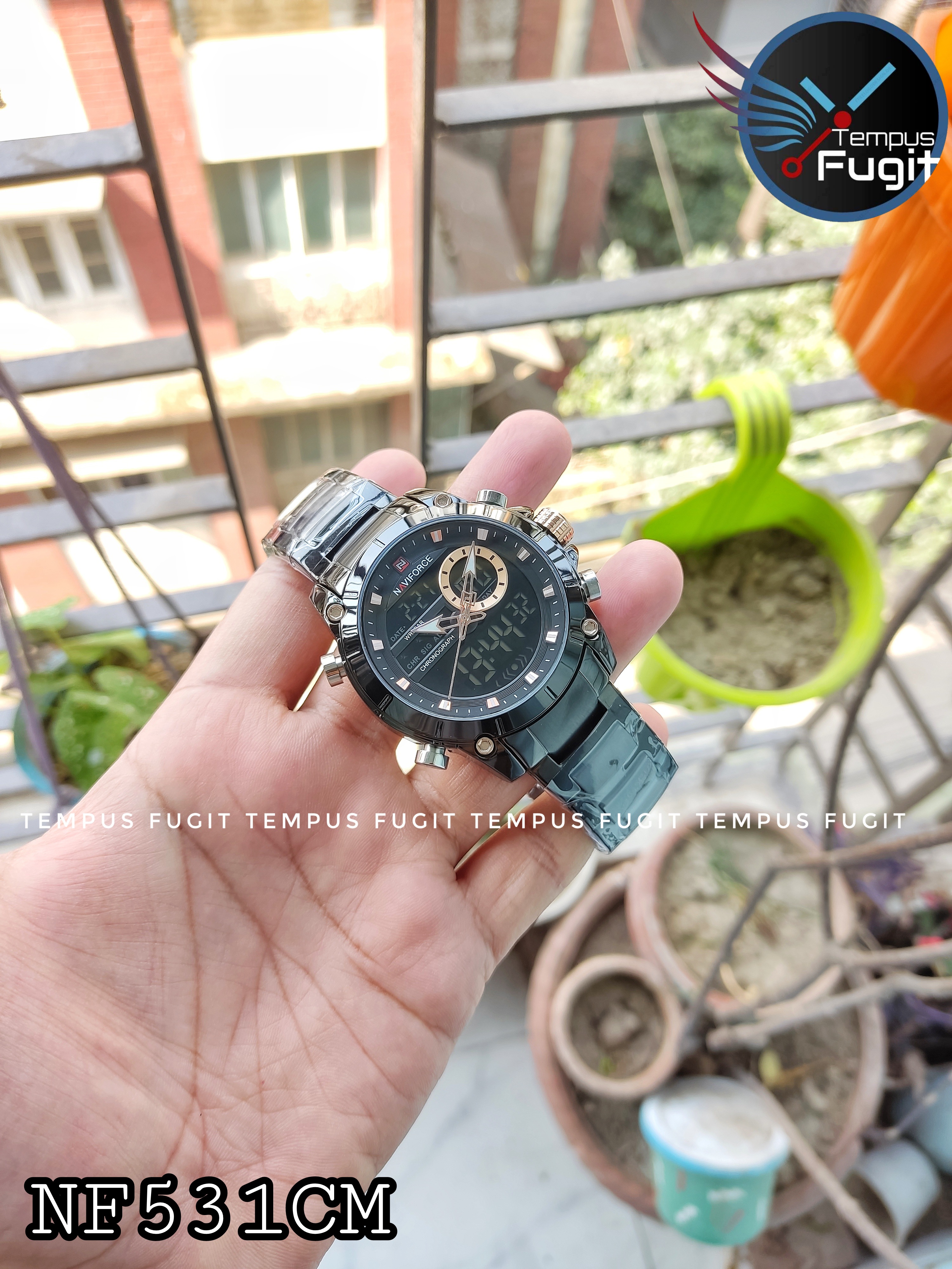 Naviforce 9163 Two Time Gents Chain Watch- Black Dial - Black Bezel- Black Chain- TF Code NF531CM_img_4