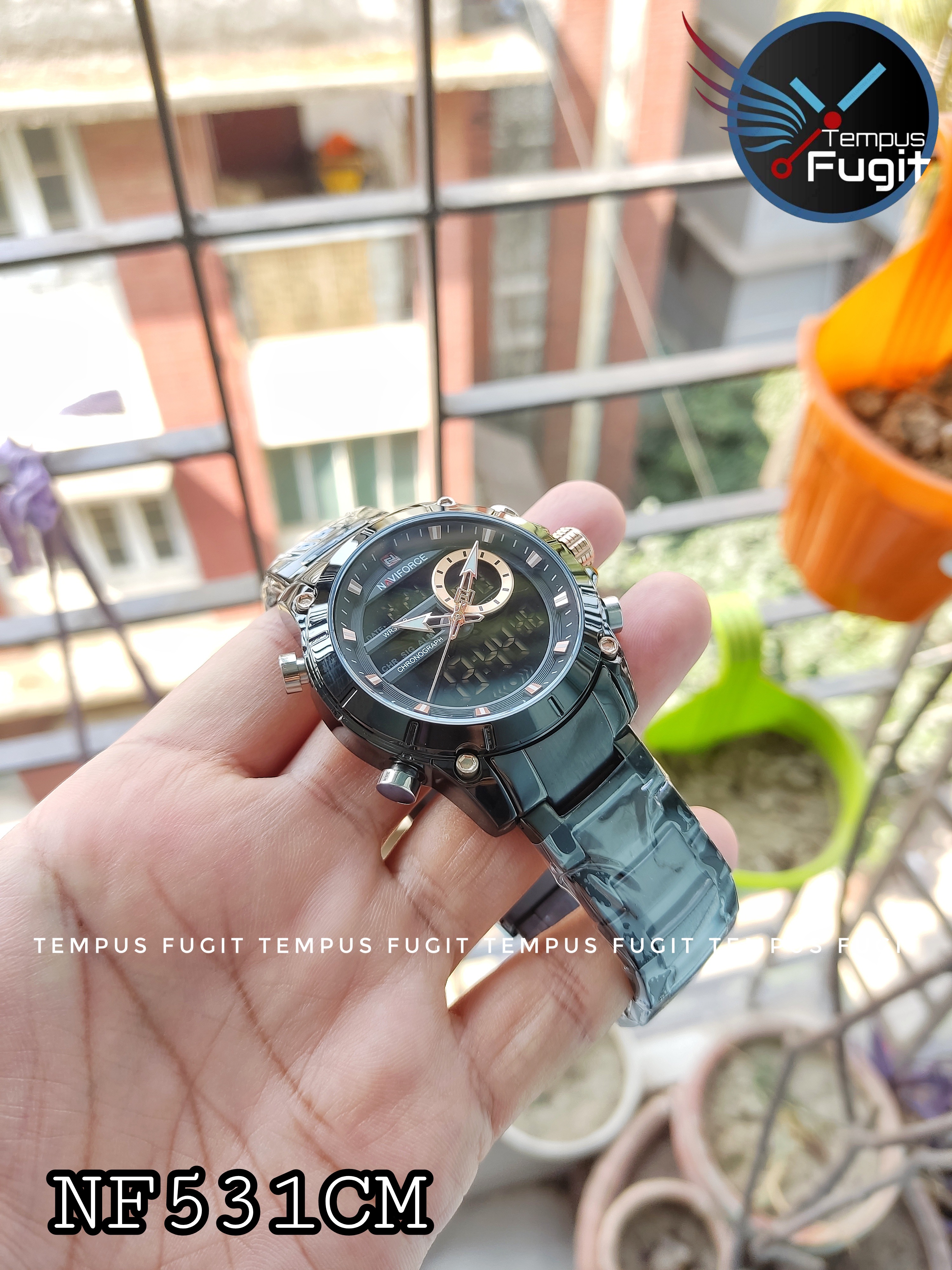 Naviforce 9163 Two Time Gents Chain Watch- Black Dial - Black Bezel- Black Chain- TF Code NF531CM_img_5