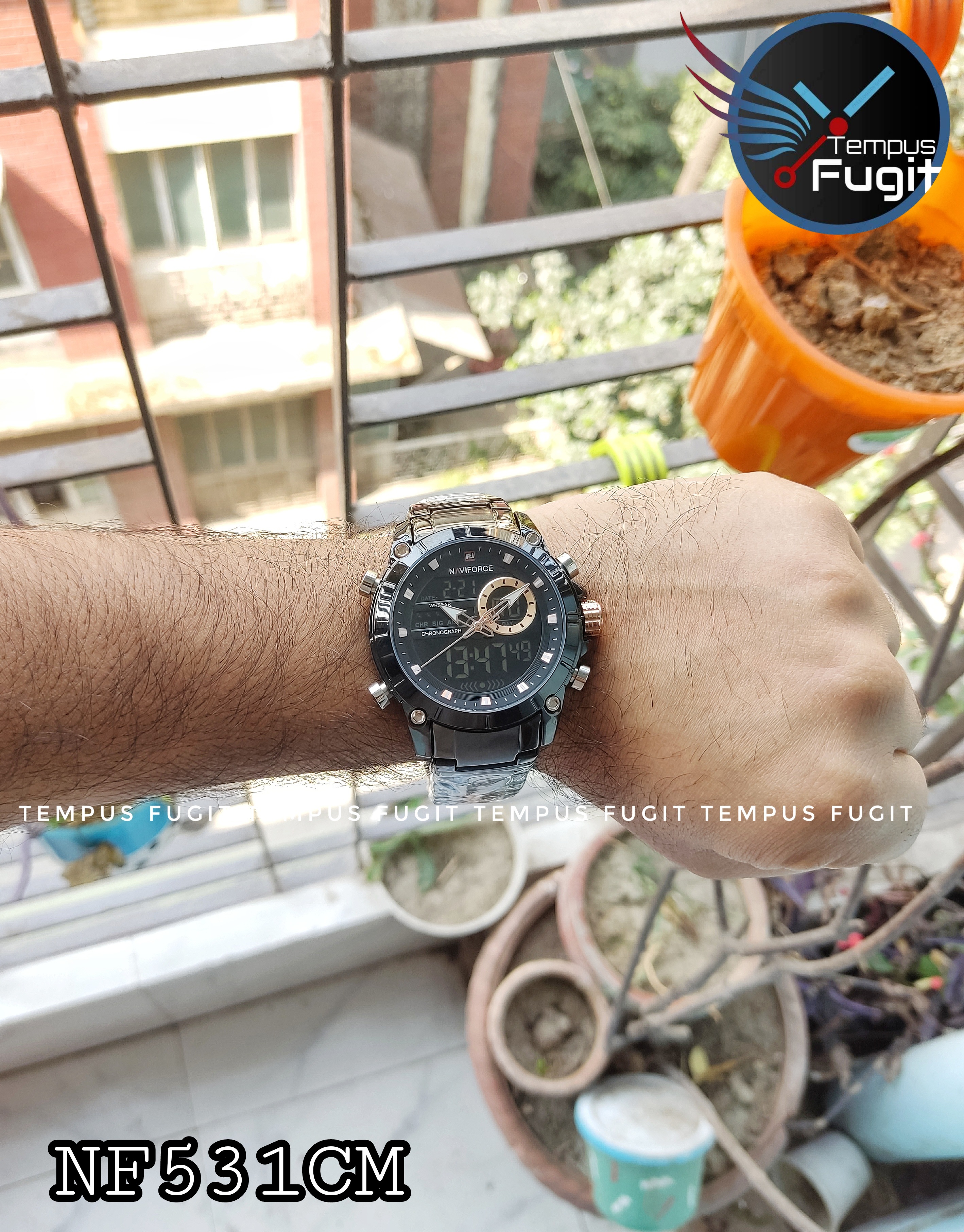 Naviforce 9163 Two Time Gents Chain Watch- Black Dial - Black Bezel- Black Chain- TF Code NF531CM_img_6