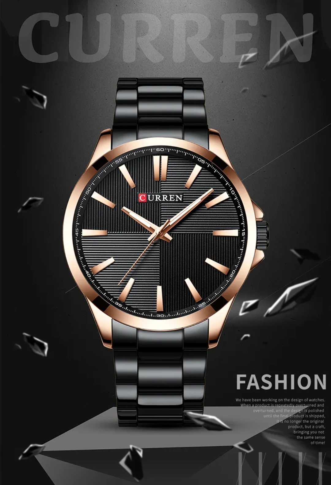 Curren 8322 Gents Chain Watch- Black Dial with Rose Golden Markings- Rose Golden Bezel- Black Chain- TF Code CR864CM_img_1