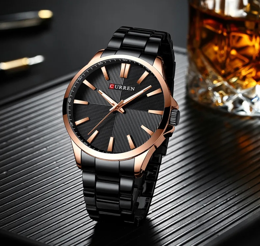 Curren 8322 Gents Chain Watch- Black Dial with Rose Golden Markings- Rose Golden Bezel- Black Chain- TF Code CR864CM_img_3