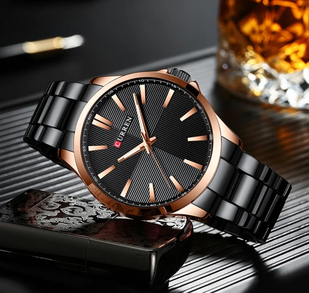 Curren 8322 Gents Chain Watch- Black Dial with Rose Golden Markings- Rose Golden Bezel- Black Chain- TF Code CR864CM_img_4