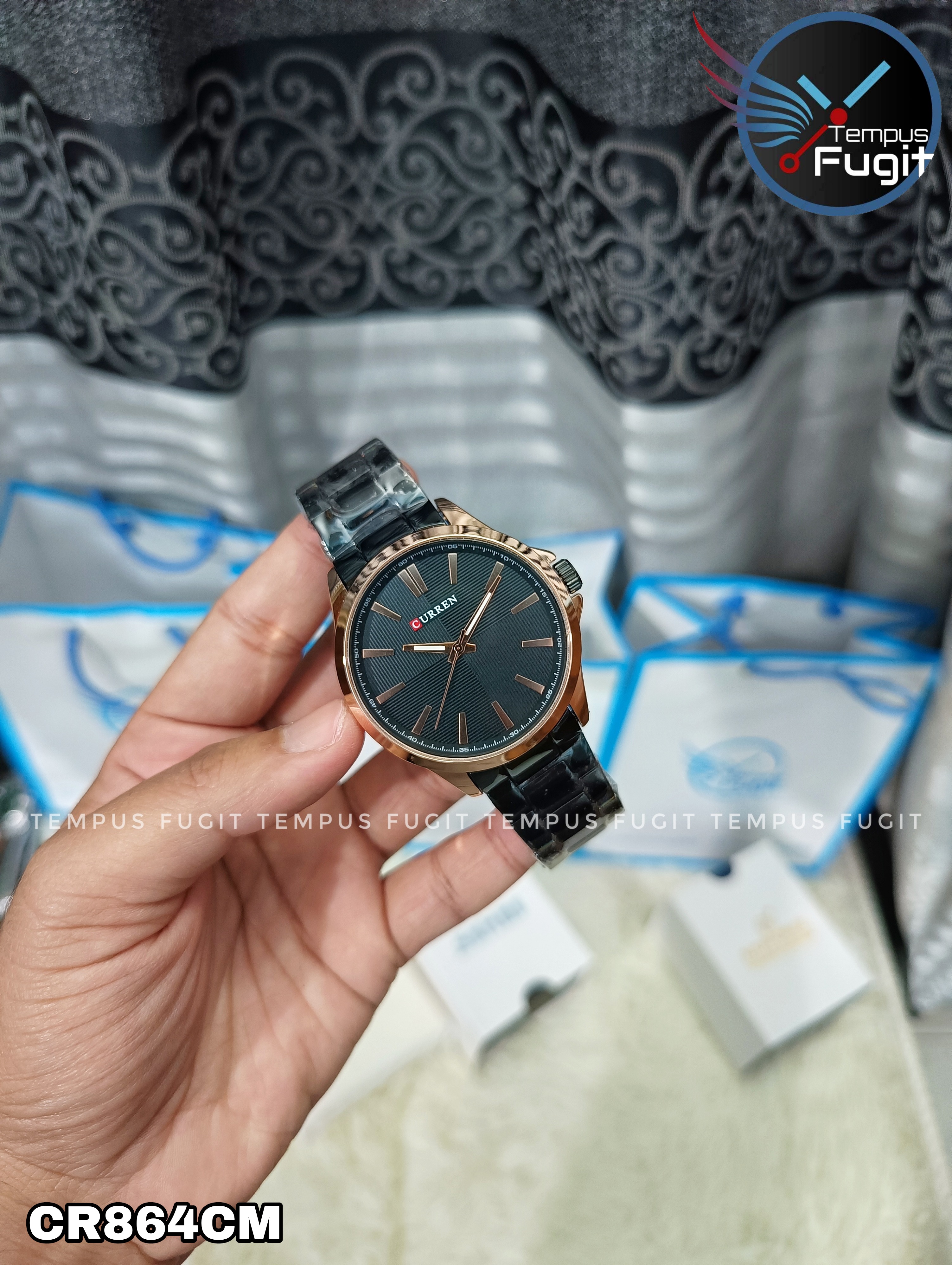 Curren 8322 Gents Chain Watch- Black Dial with Rose Golden Markings- Rose Golden Bezel- Black Chain- TF Code CR864CM_img_6