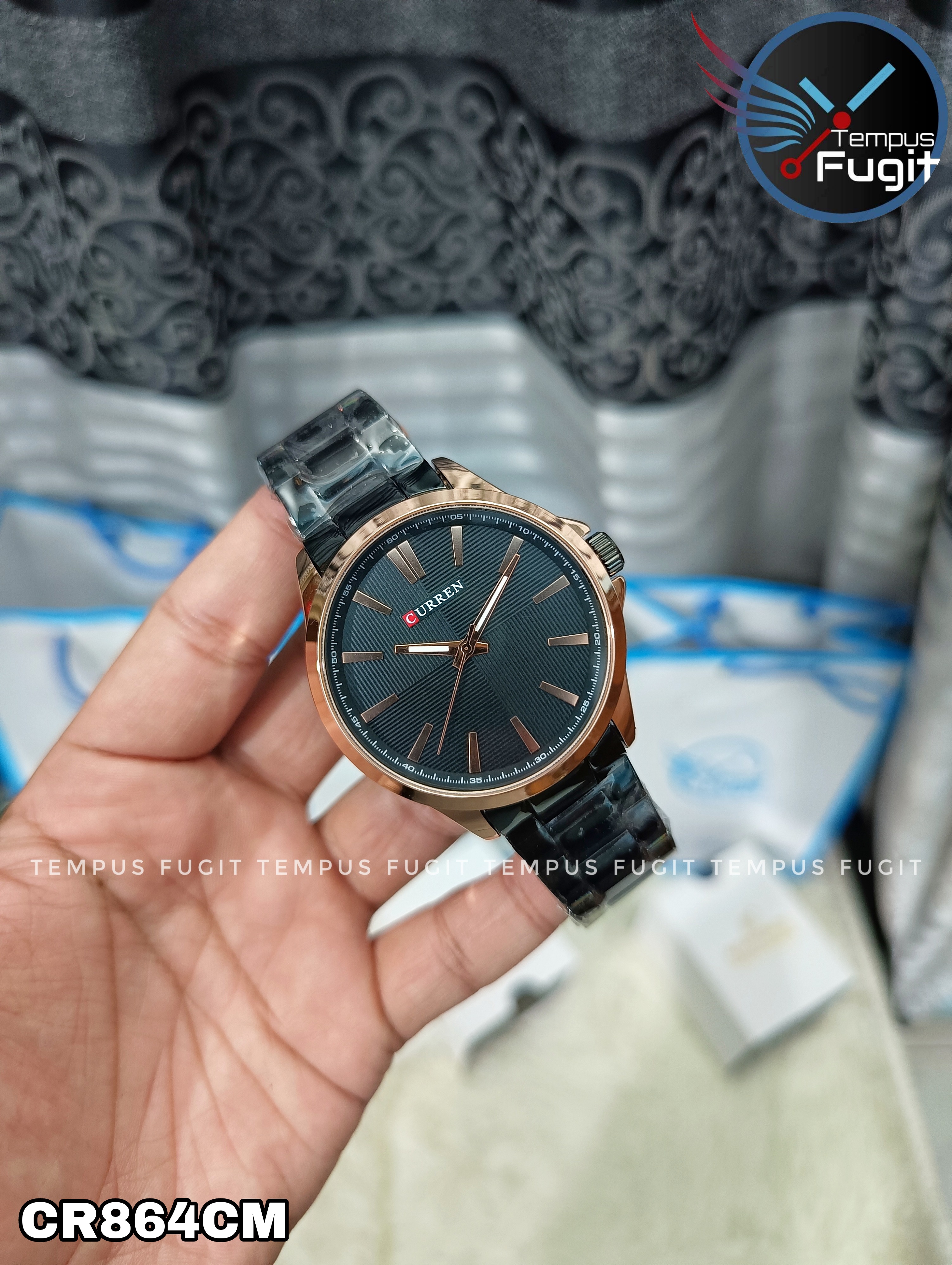 Curren 8322 Gents Chain Watch- Black Dial with Rose Golden Markings- Rose Golden Bezel- Black Chain- TF Code CR864CM_img_7