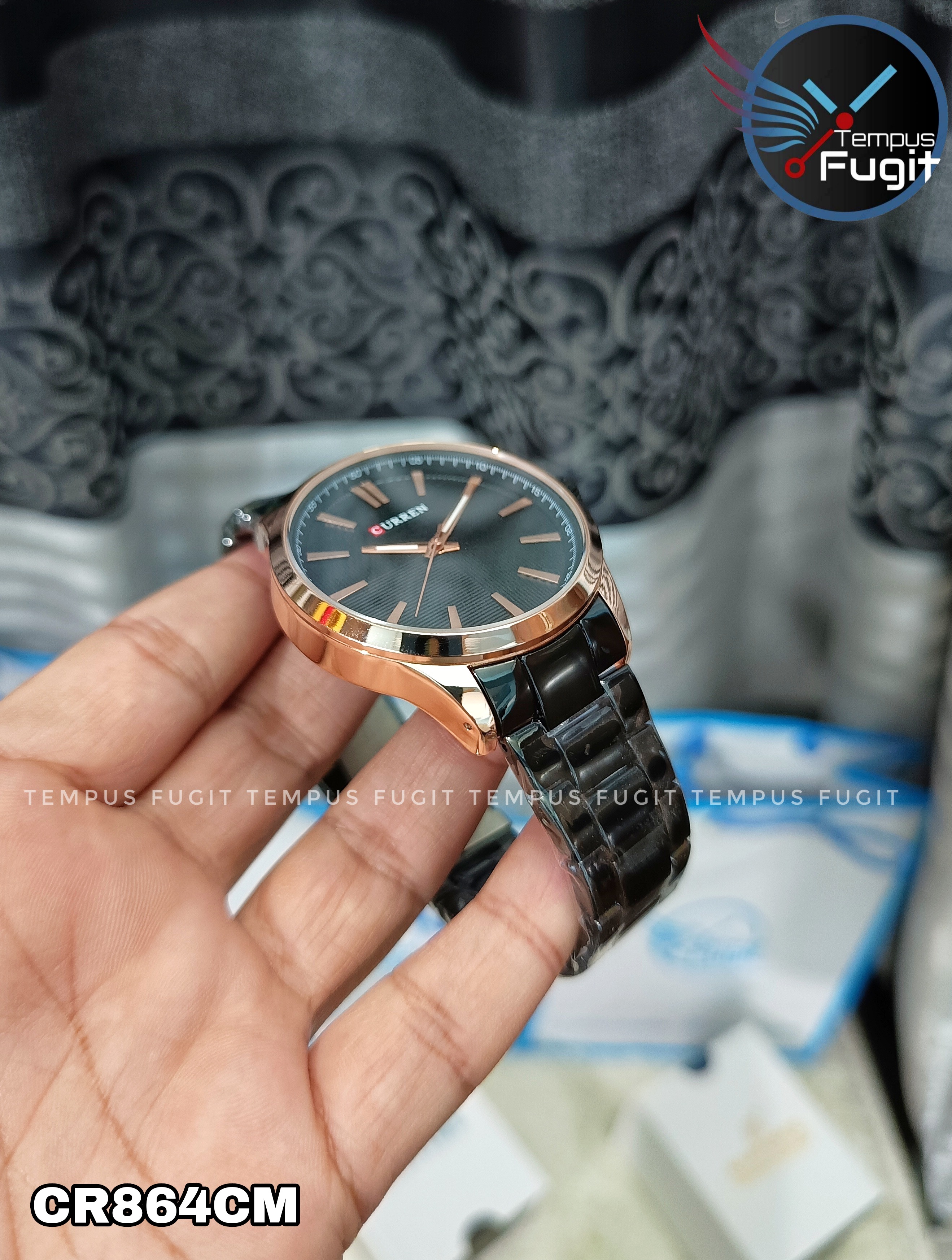 Curren 8322 Gents Chain Watch- Black Dial with Rose Golden Markings- Rose Golden Bezel- Black Chain- TF Code CR864CM_img_8