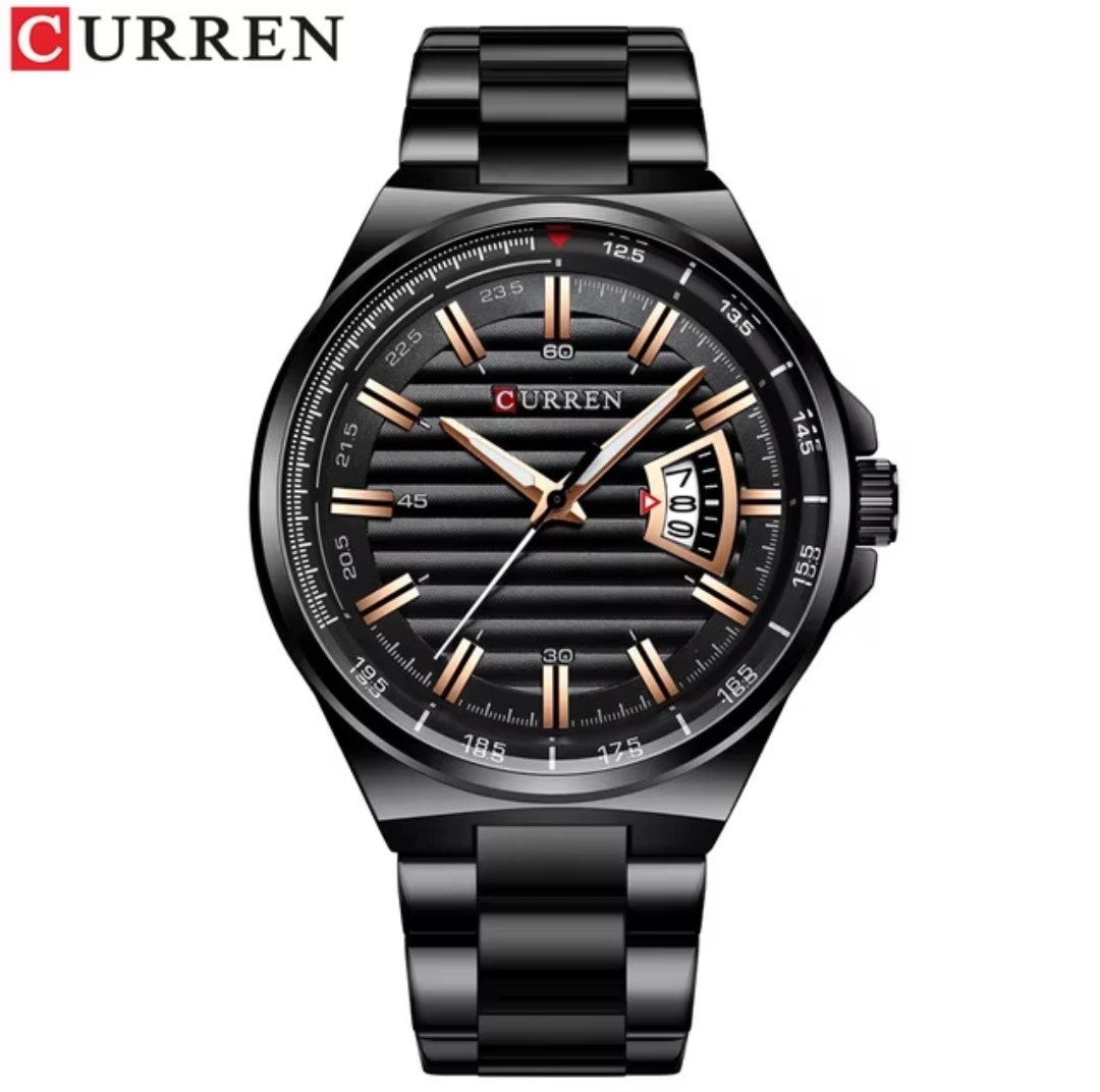 Curren 8375 Gents Chain Watch- Black Dial with Rose Golden Markings- Black Bezel- Black Chain- TF Code CR389CM_img_0