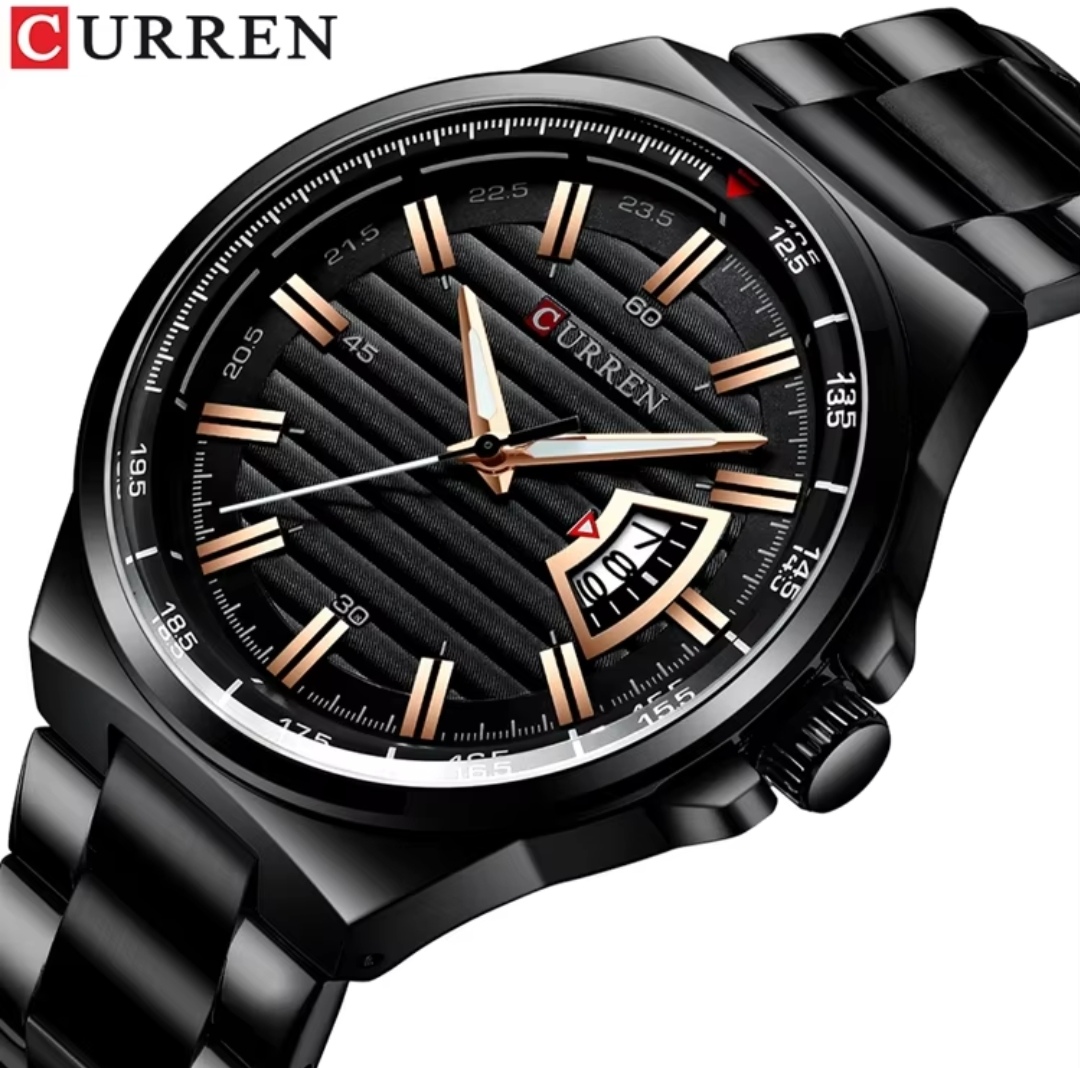 Curren 8375 Gents Chain Watch- Black Dial with Rose Golden Markings- Black Bezel- Black Chain- TF Code CR389CM_img_1