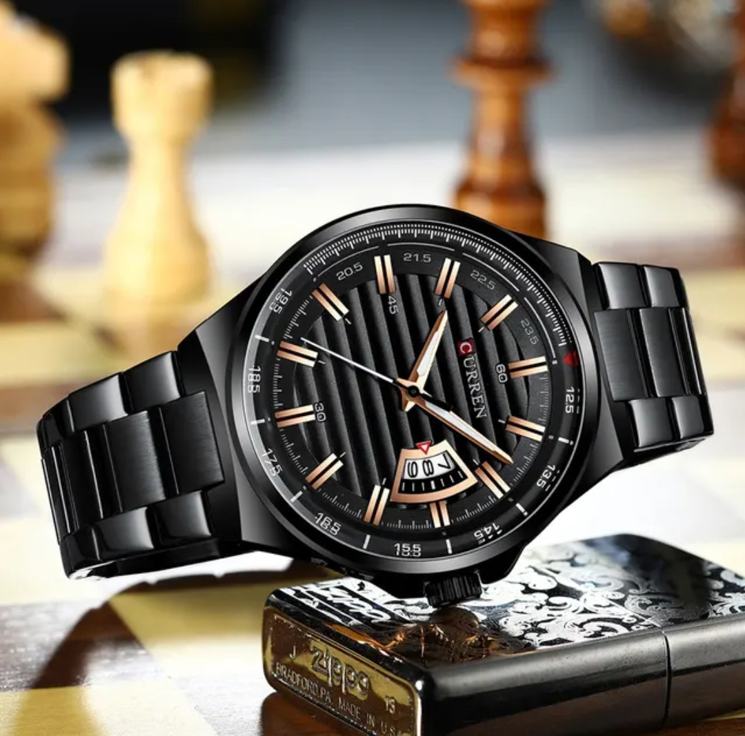 Curren 8375 Gents Chain Watch- Black Dial with Rose Golden Markings- Black Bezel- Black Chain- TF Code CR389CM_img_3