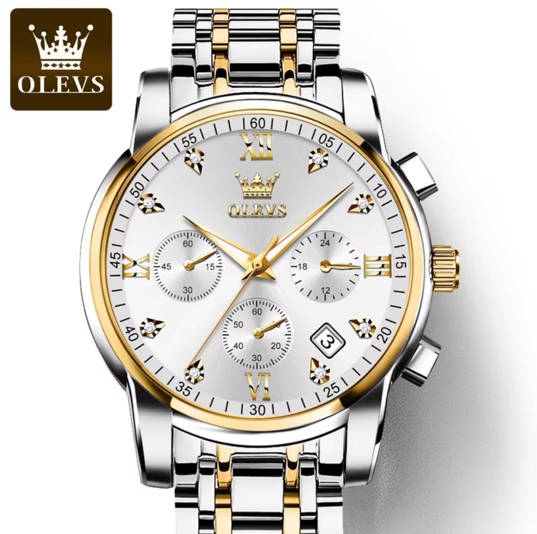 OLEVS 2858 Gents Chronograph Chain Watch- Silver Dial- Golden Bezel- Silver+Golden Chain -TF Code- OL654CM_img_0
