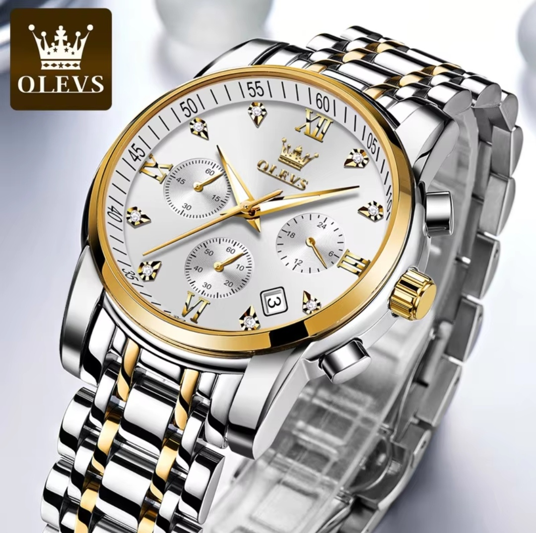 OLEVS 2858 Gents Chronograph Chain Watch- Silver Dial- Golden Bezel- Silver+Golden Chain -TF Code- OL654CM_img_1