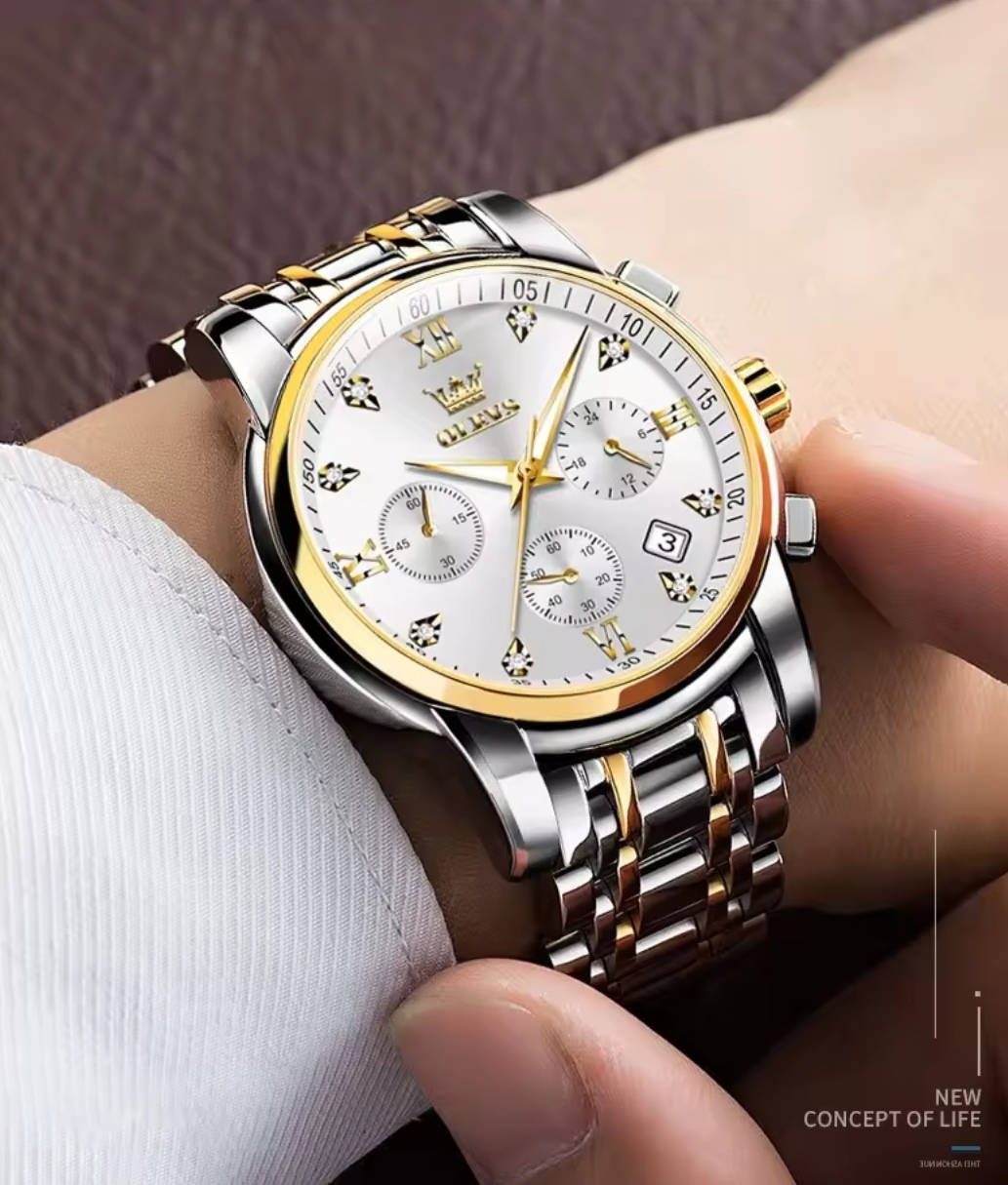 OLEVS 2858 Gents Chronograph Chain Watch- Silver Dial- Golden Bezel- Silver+Golden Chain -TF Code- OL654CM_img_2