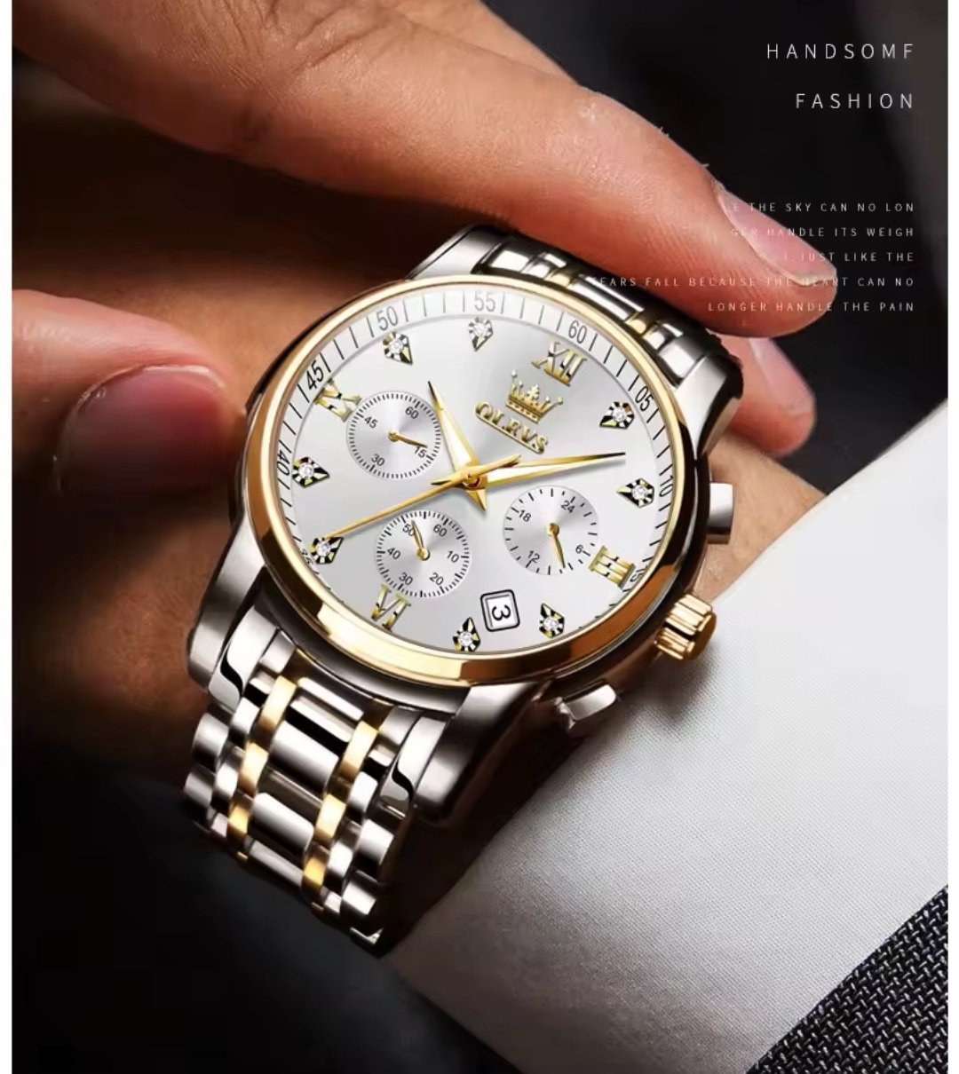 OLEVS 2858 Gents Chronograph Chain Watch- Silver Dial- Golden Bezel- Silver+Golden Chain -TF Code- OL654CM_img_3