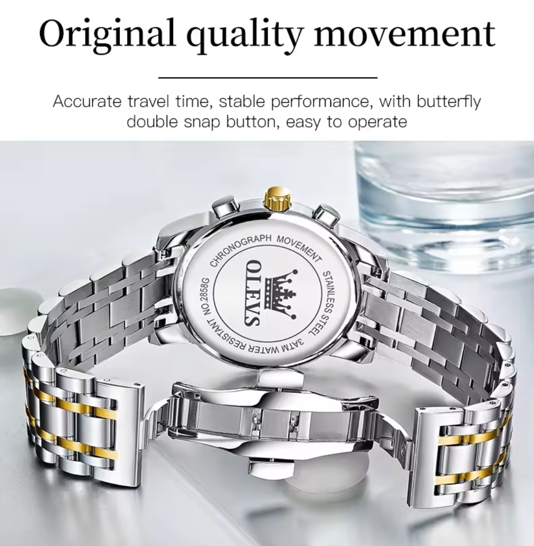 OLEVS 2858 Gents Chronograph Chain Watch- Silver Dial- Golden Bezel- Silver+Golden Chain -TF Code- OL654CM_img_4