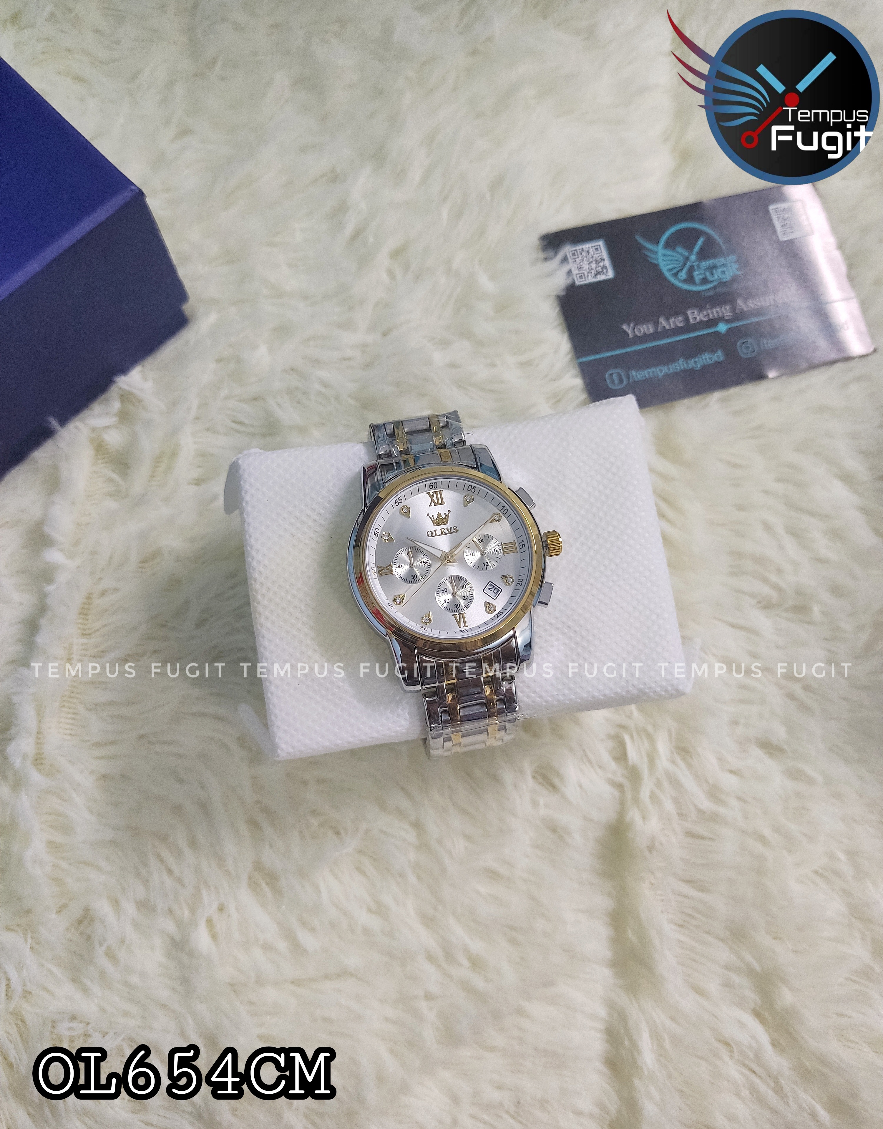 OLEVS 2858 Gents Chronograph Chain Watch- Silver Dial- Golden Bezel- Silver+Golden Chain -TF Code- OL654CM_img_7