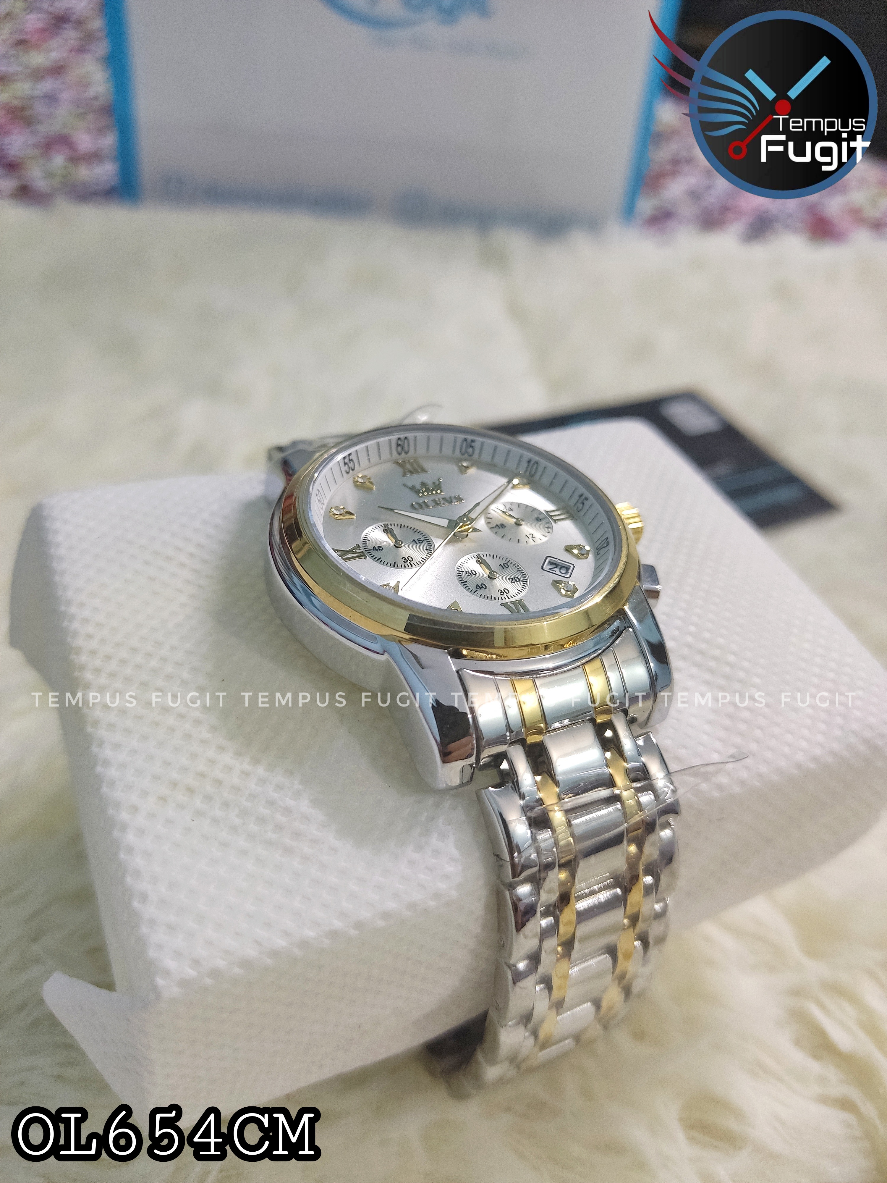 OLEVS 2858 Gents Chronograph Chain Watch- Silver Dial- Golden Bezel- Silver+Golden Chain -TF Code- OL654CM_img_9