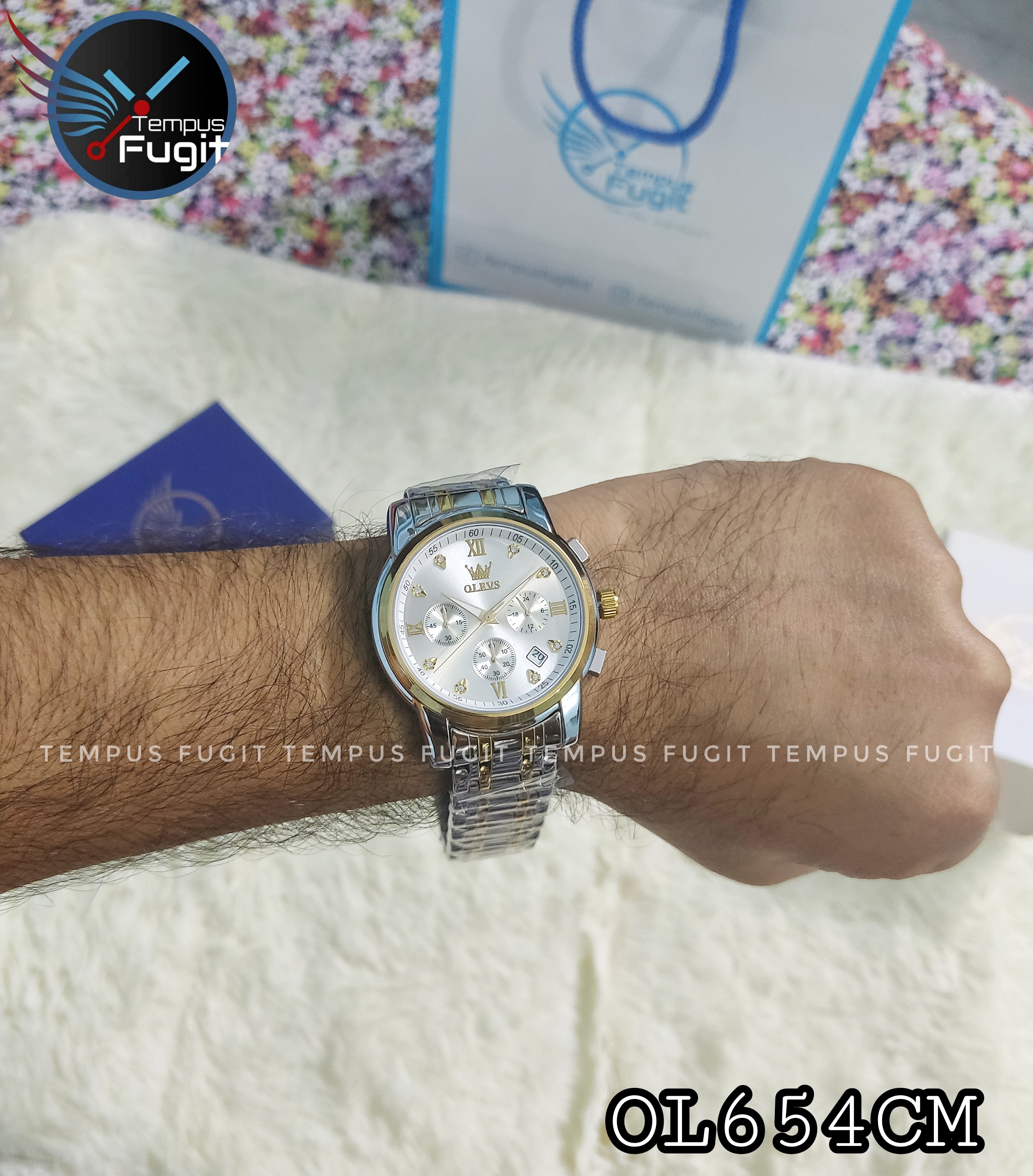 OLEVS 2858 Gents Chronograph Chain Watch- Silver Dial- Golden Bezel- Silver+Golden Chain -TF Code- OL654CM_img_10