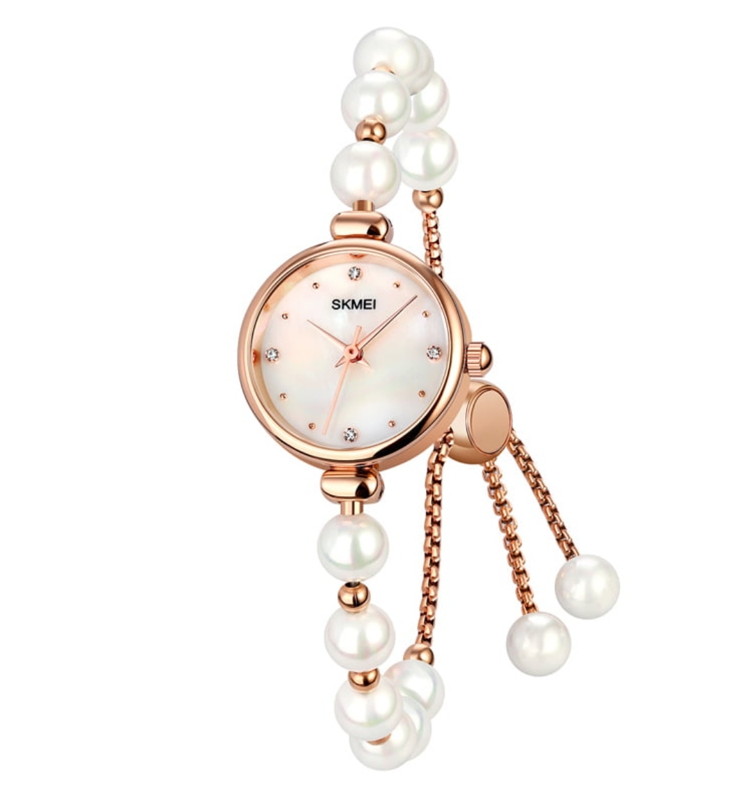 SKMEI 1983 Ladies Pearl Chain Watch - White Dial- Rose Golden Bezel- White Pearl+Rose Golden Chain- TF Code SK881CF_img_0