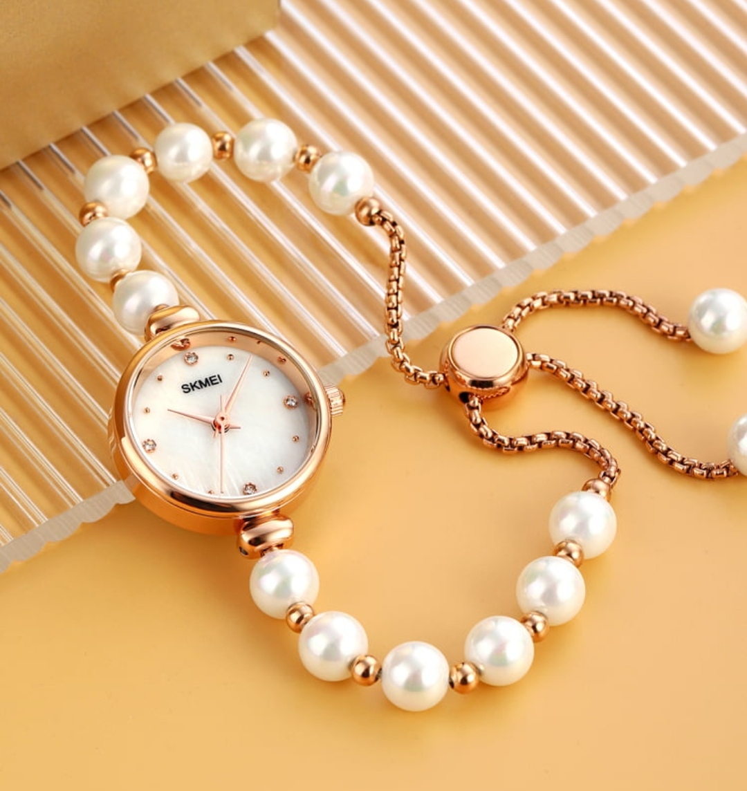 SKMEI 1983 Ladies Pearl Chain Watch - White Dial- Rose Golden Bezel- White Pearl+Rose Golden Chain- TF Code SK881CF_img_1