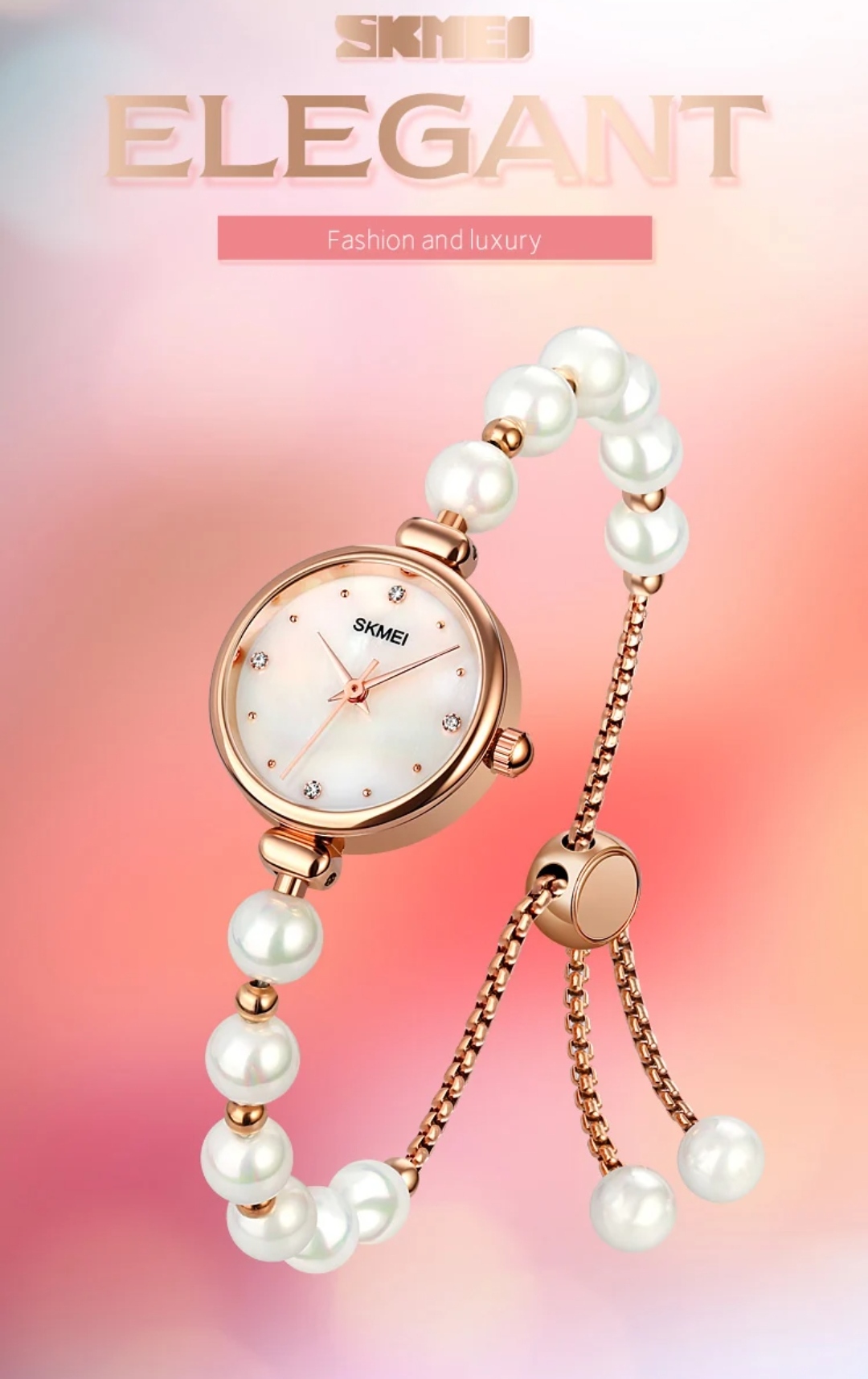 SKMEI 1983 Ladies Pearl Chain Watch - White Dial- Rose Golden Bezel- White Pearl+Rose Golden Chain- TF Code SK881CF_img_2