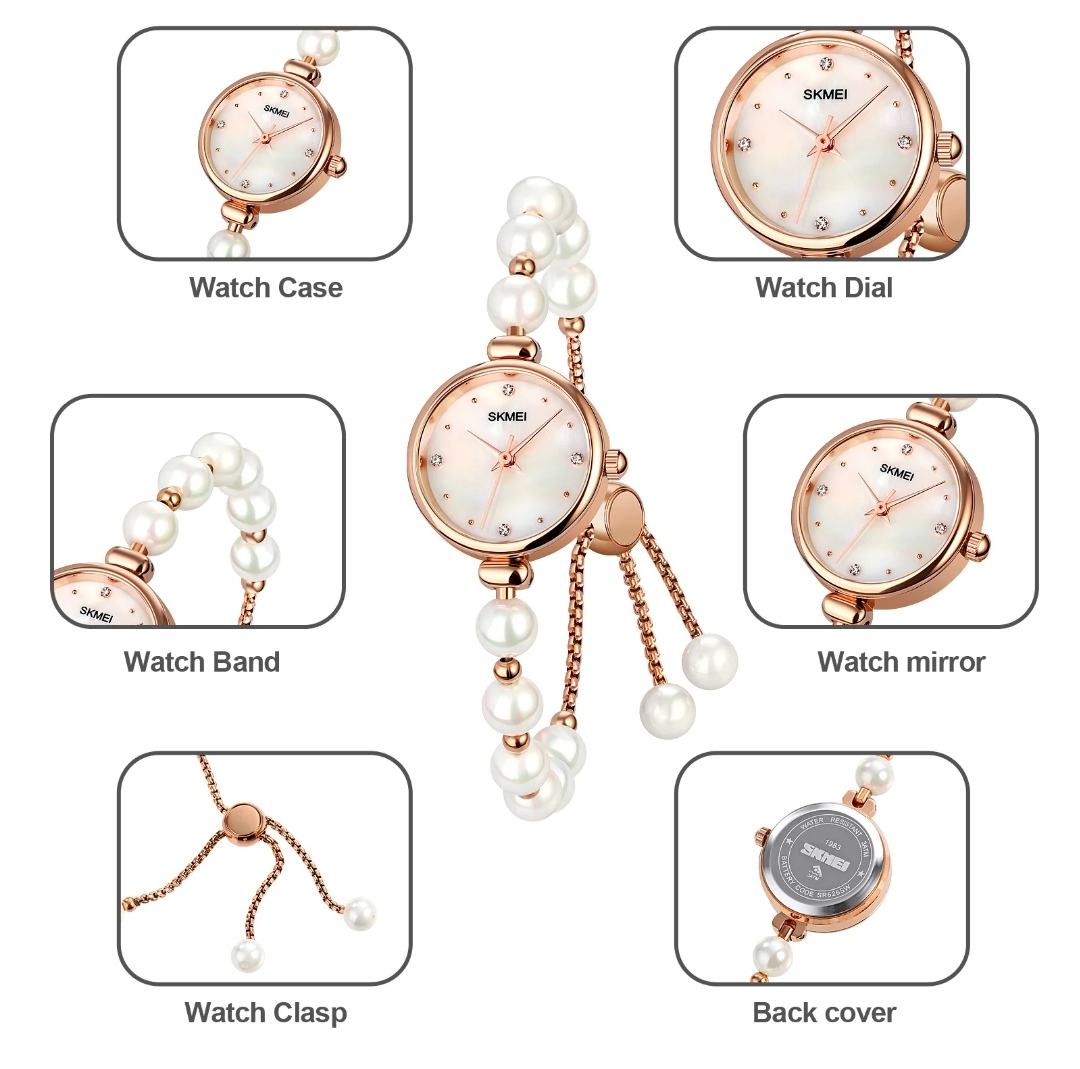 SKMEI 1983 Ladies Pearl Chain Watch - White Dial- Rose Golden Bezel- White Pearl+Rose Golden Chain- TF Code SK881CF_img_3
