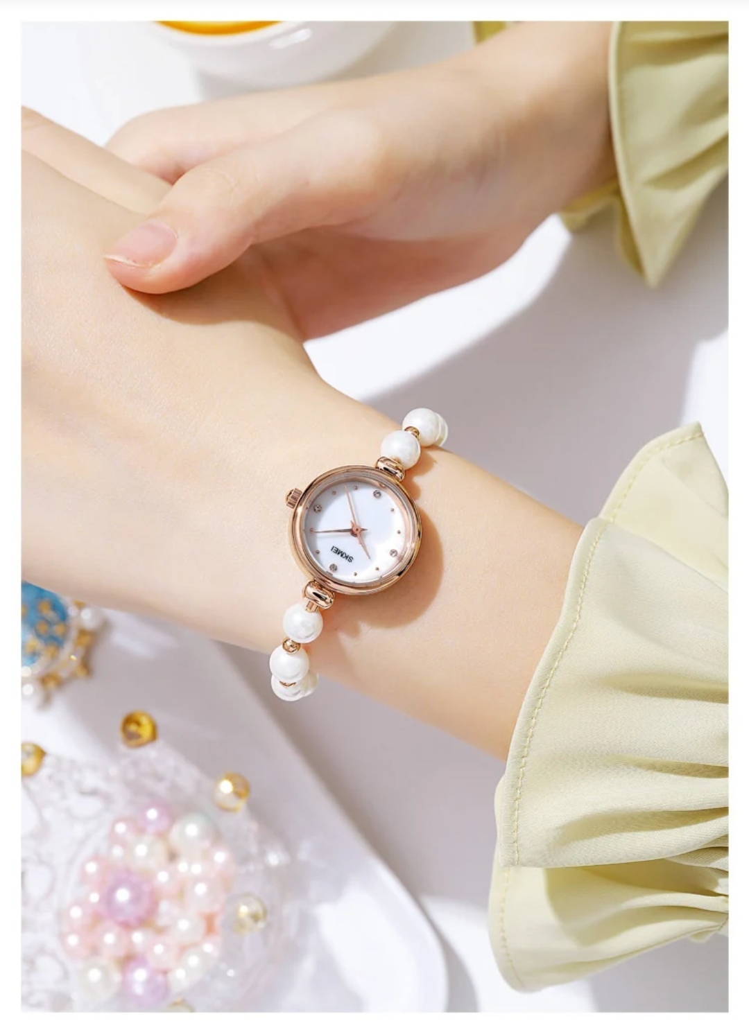 SKMEI 1983 Ladies Pearl Chain Watch - White Dial- Rose Golden Bezel- White Pearl+Rose Golden Chain- TF Code SK881CF_img_4