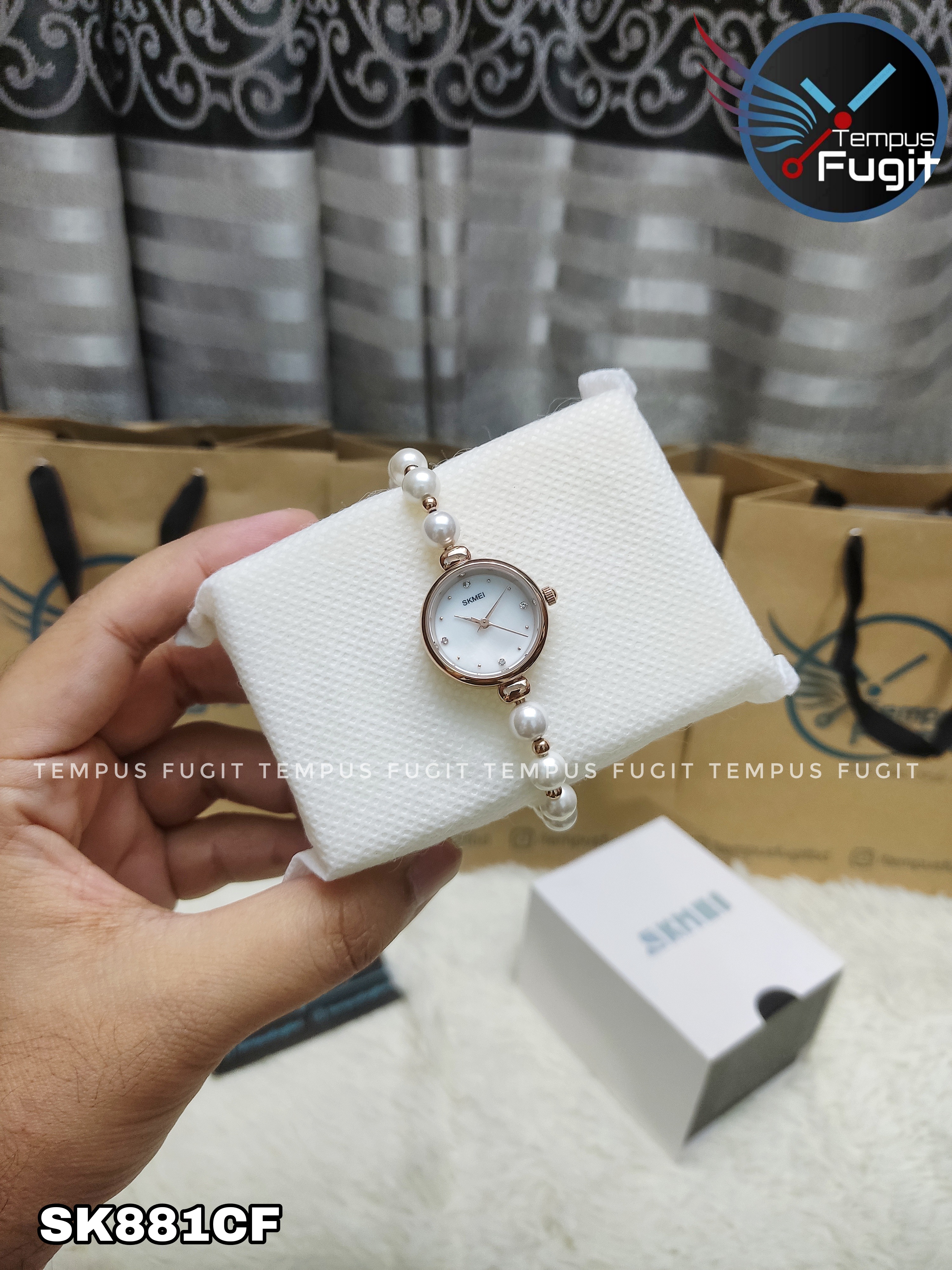 SKMEI 1983 Ladies Pearl Chain Watch - White Dial- Rose Golden Bezel- White Pearl+Rose Golden Chain- TF Code SK881CF_img_5