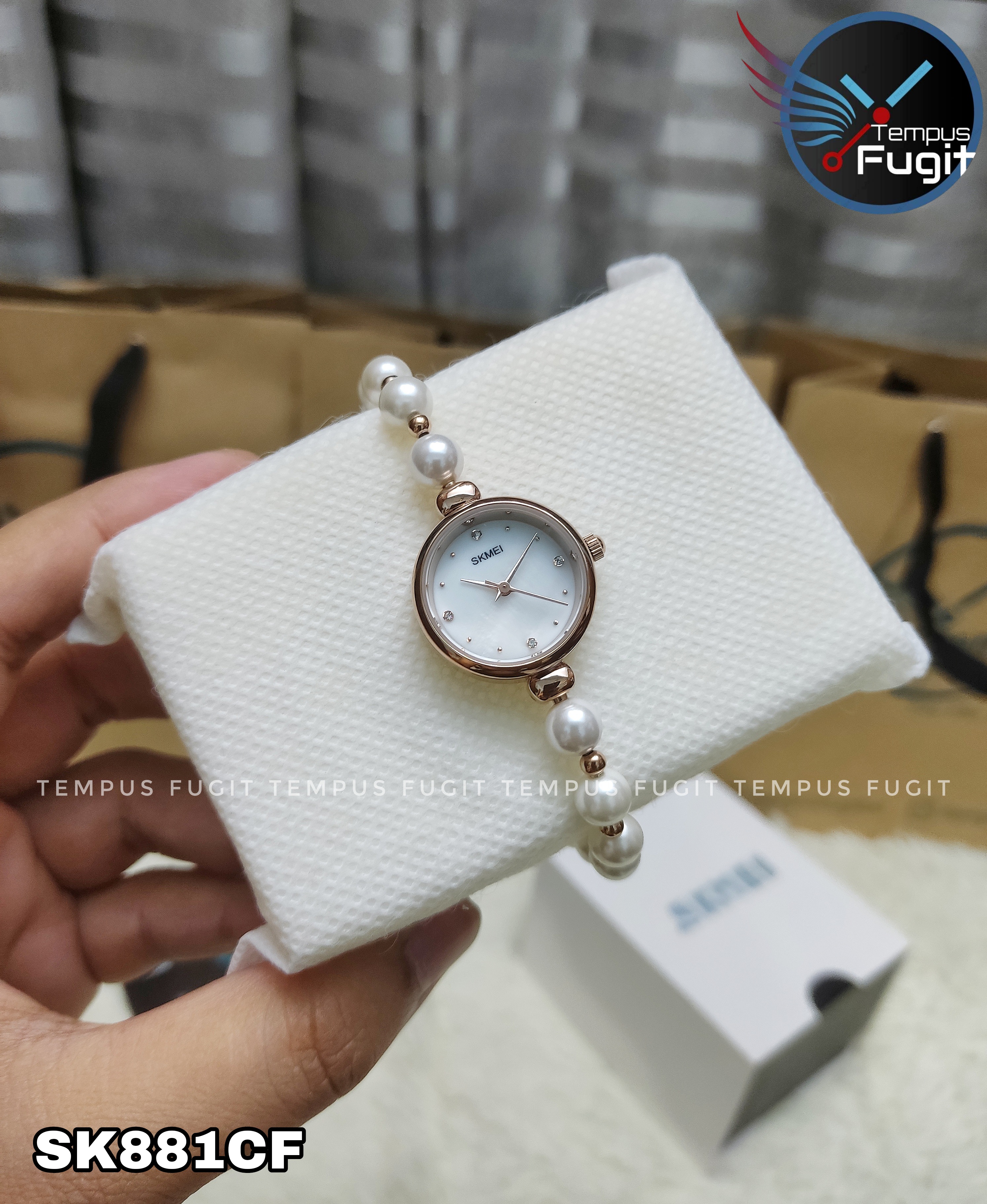 SKMEI 1983 Ladies Pearl Chain Watch - White Dial- Rose Golden Bezel- White Pearl+Rose Golden Chain- TF Code SK881CF_img_6