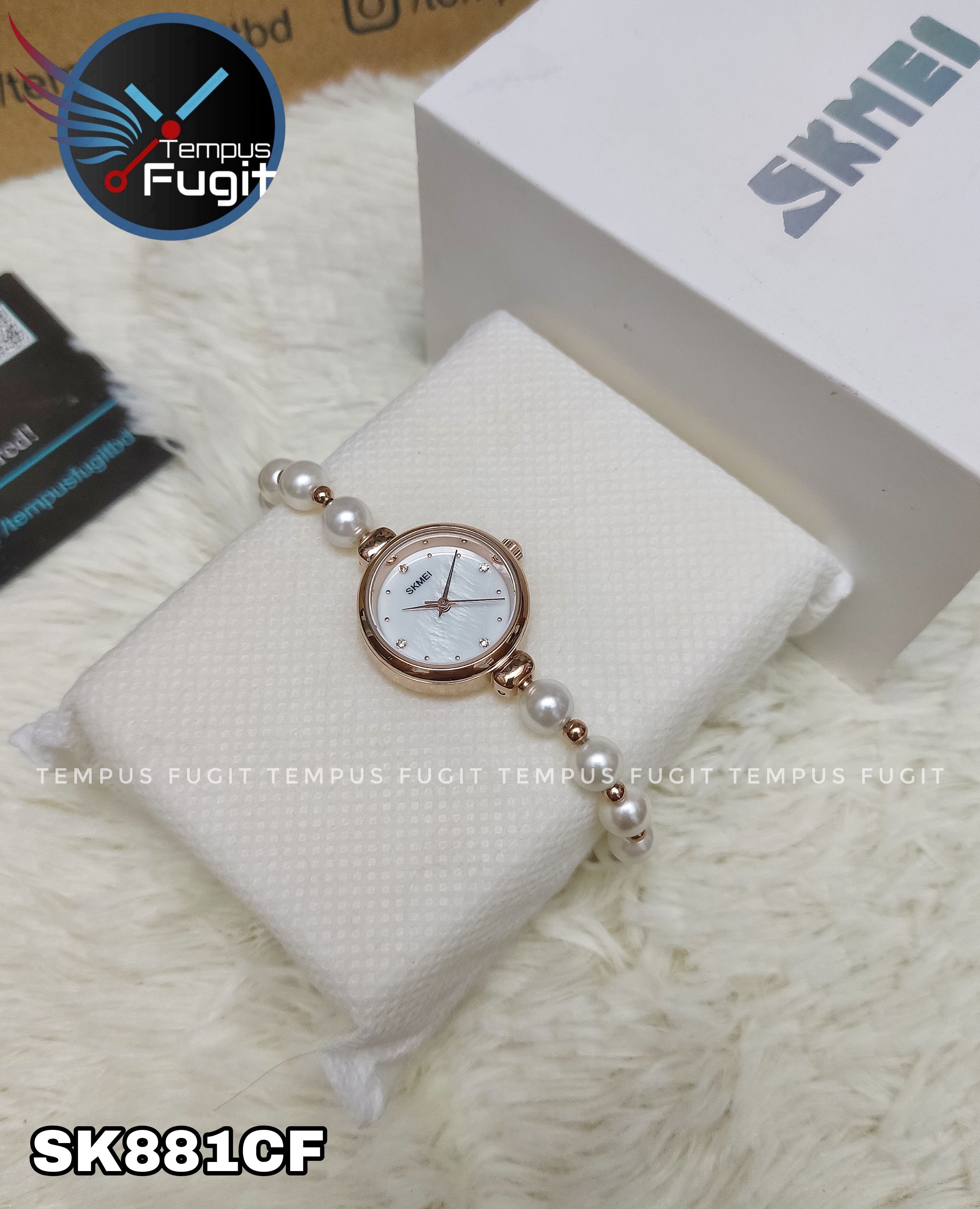 SKMEI 1983 Ladies Pearl Chain Watch - White Dial- Rose Golden Bezel- White Pearl+Rose Golden Chain- TF Code SK881CF_img_7