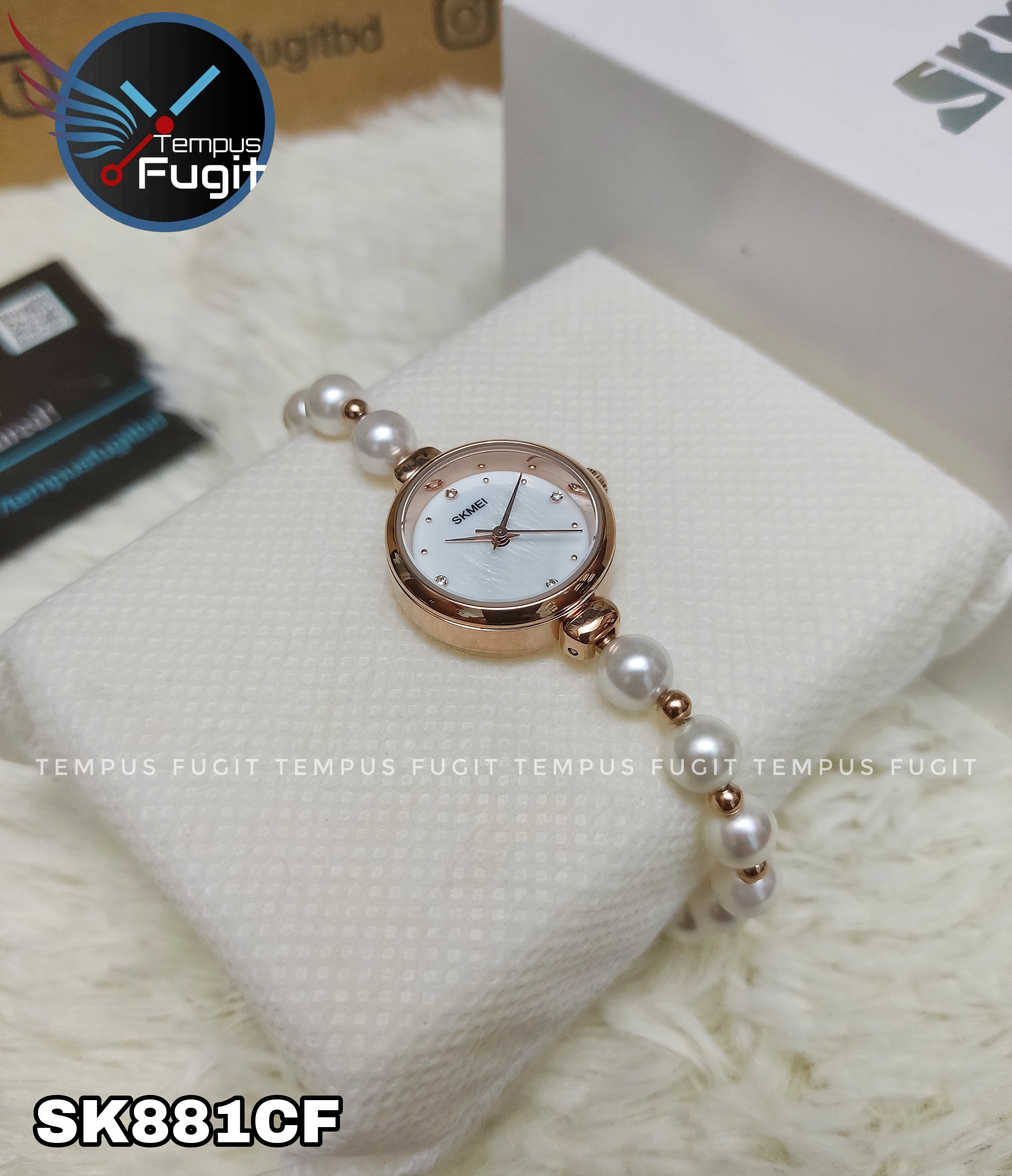 SKMEI 1983 Ladies Pearl Chain Watch - White Dial- Rose Golden Bezel- White Pearl+Rose Golden Chain- TF Code SK881CF_img_8