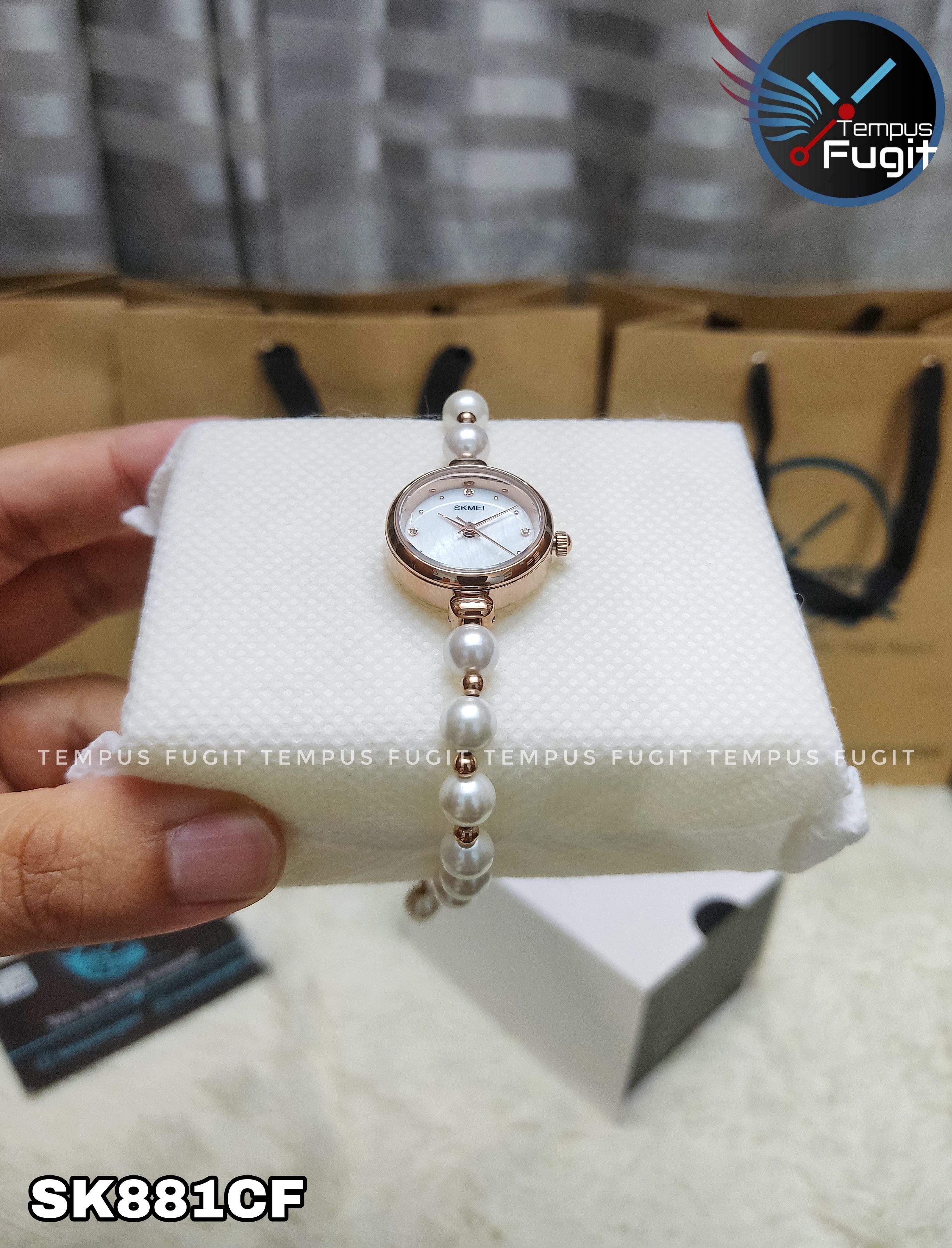 SKMEI 1983 Ladies Pearl Chain Watch - White Dial- Rose Golden Bezel- White Pearl+Rose Golden Chain- TF Code SK881CF_img_9