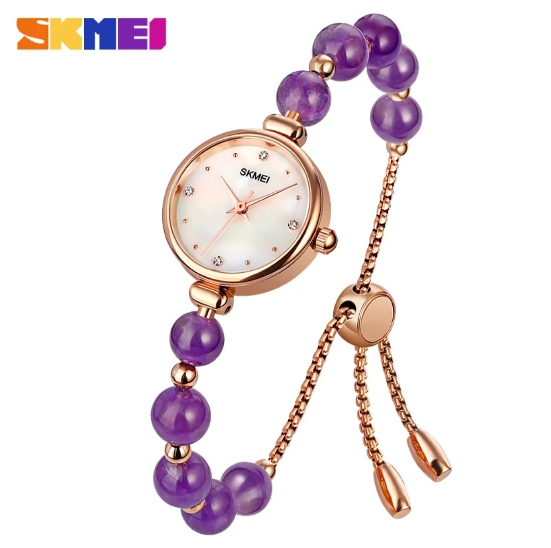 SKMEI 1983 Ladies Pearl Chain Watch - White Dial- Rose Golden Bezel- Purple Pearl+Rose Golden Chain- TF Code SK820CF_img_0